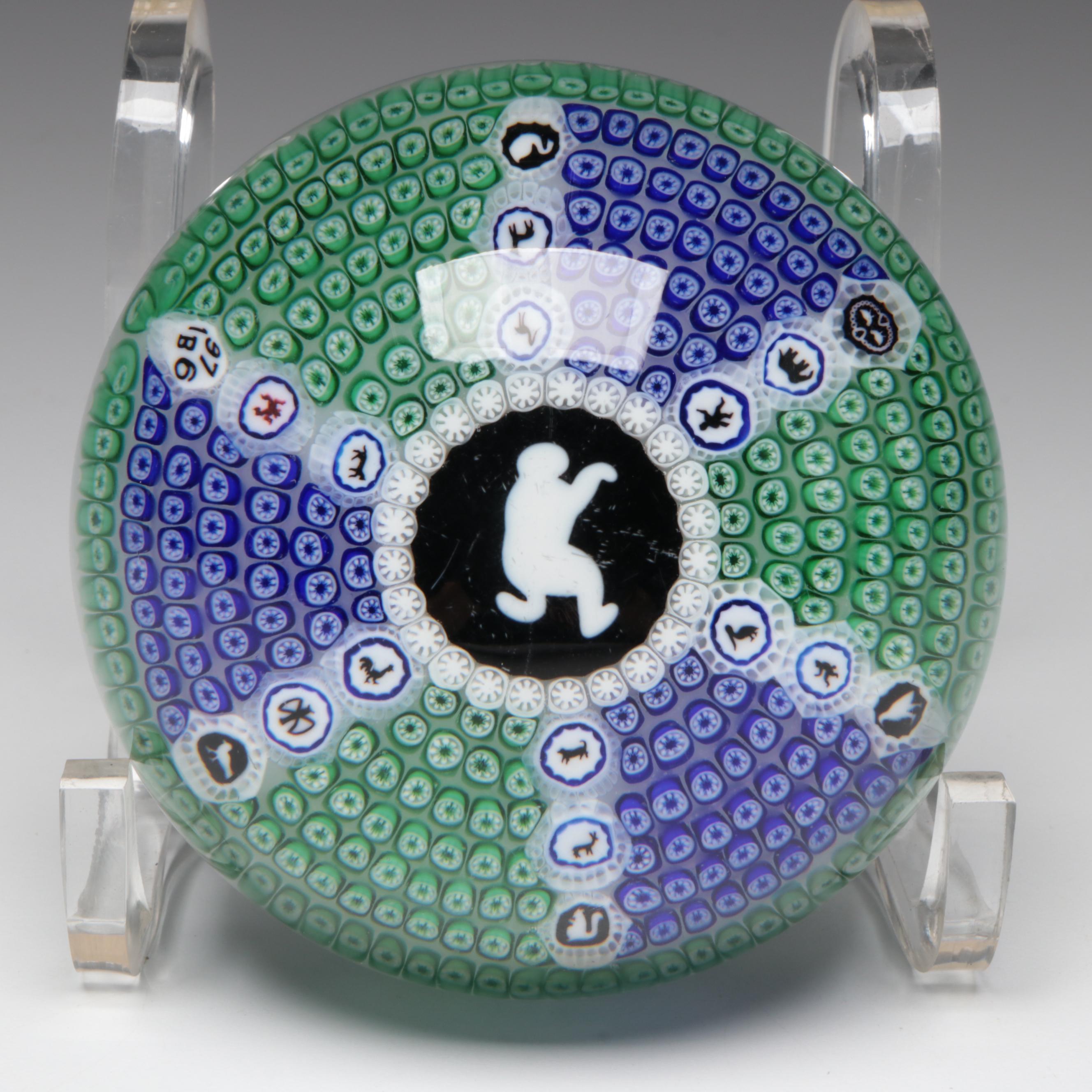 Baccarat Gridel Series L/E White Monkey Millefiori Art Glass Paperweight, 1976