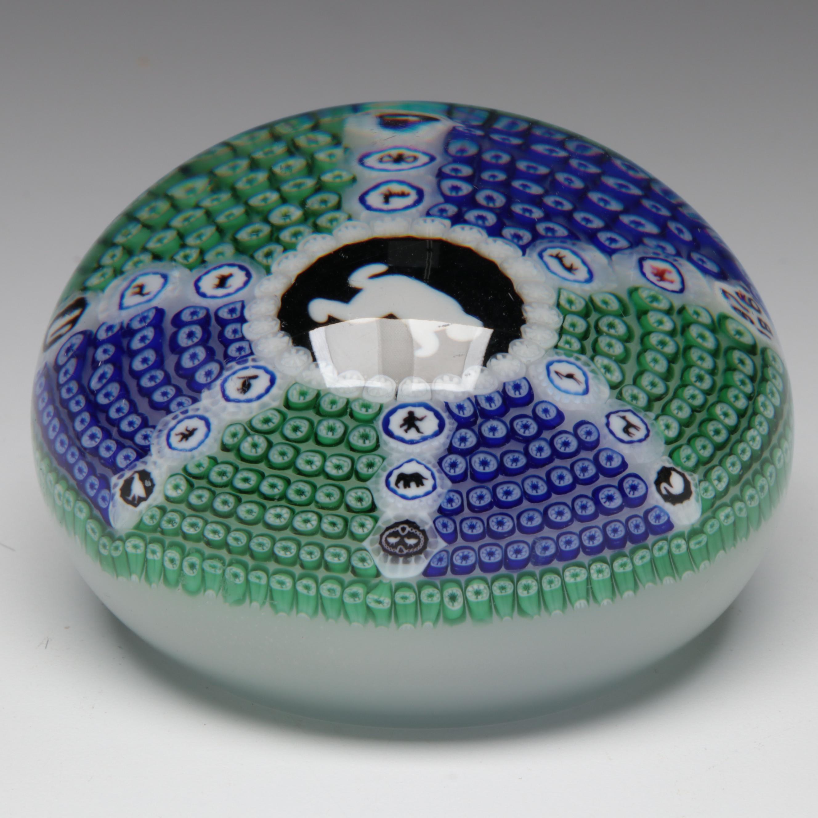 Baccarat Gridel Series L/E White Monkey Millefiori Art Glass Paperweight, 1976