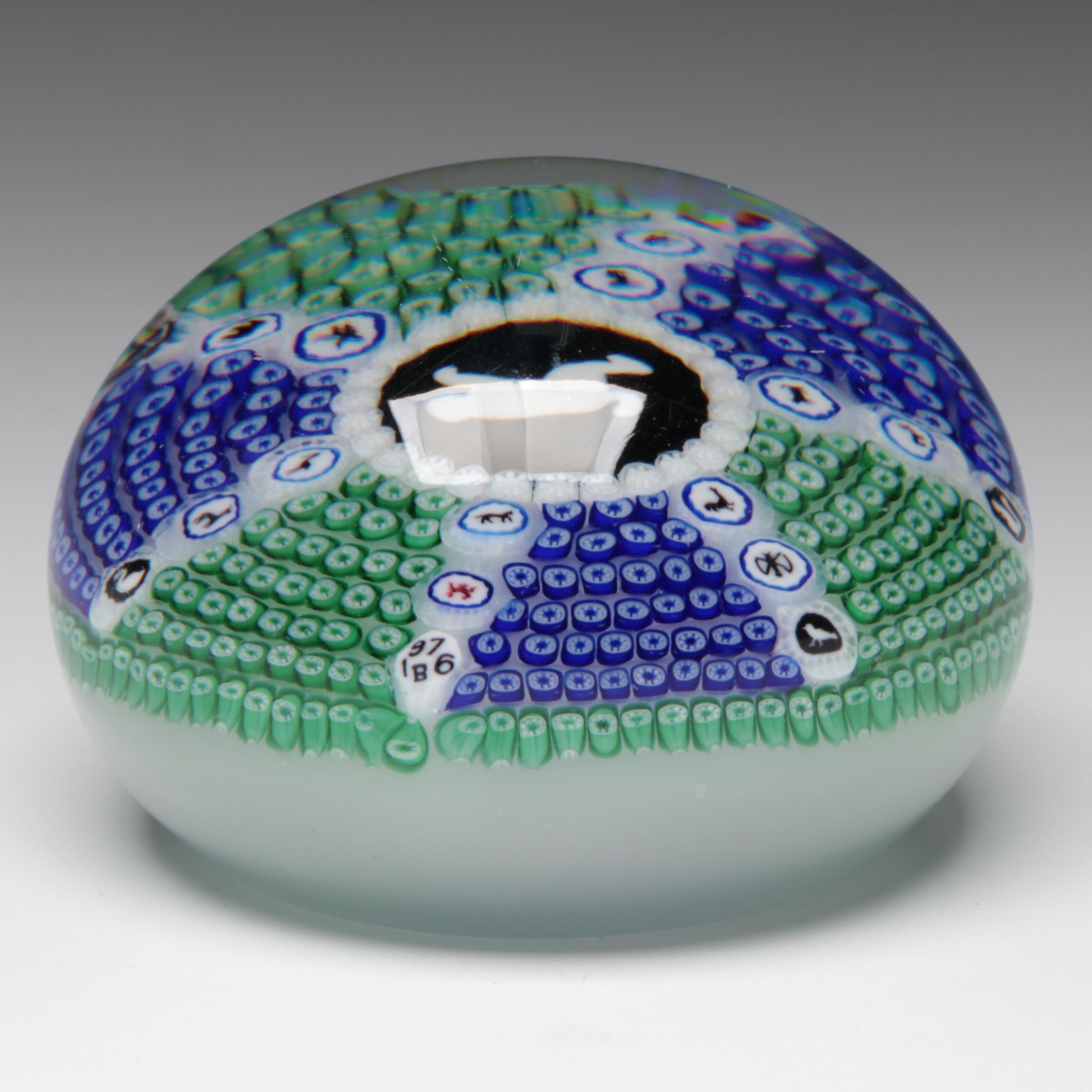 Baccarat Gridel Series L/E White Monkey Millefiori Art Glass Paperweight, 1976