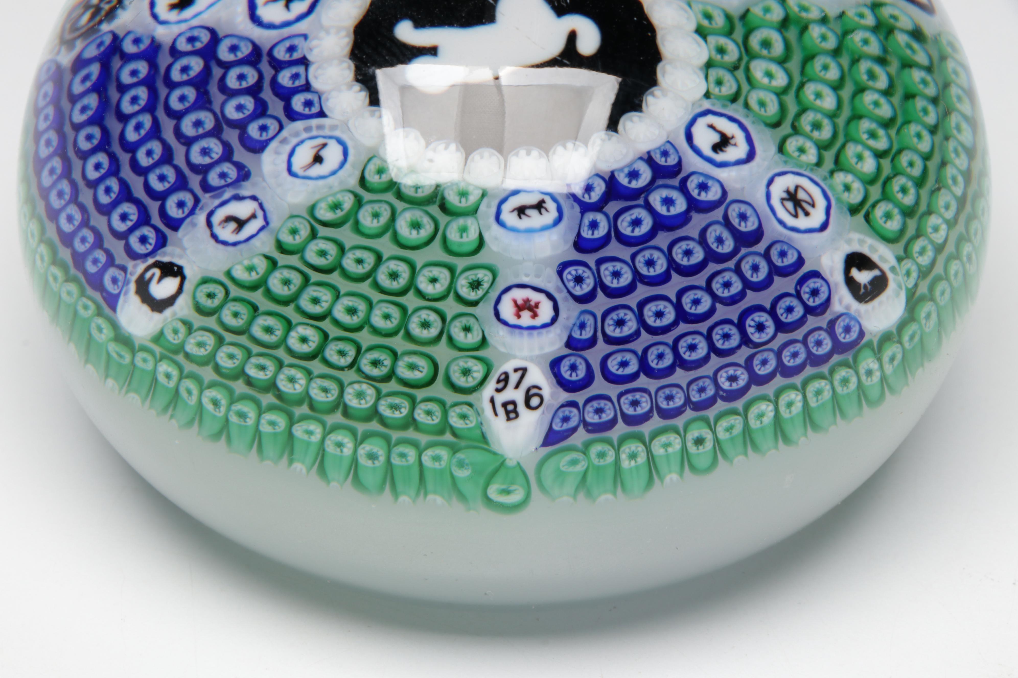 Baccarat Gridel Series L/E White Monkey Millefiori Art Glass Paperweight, 1976