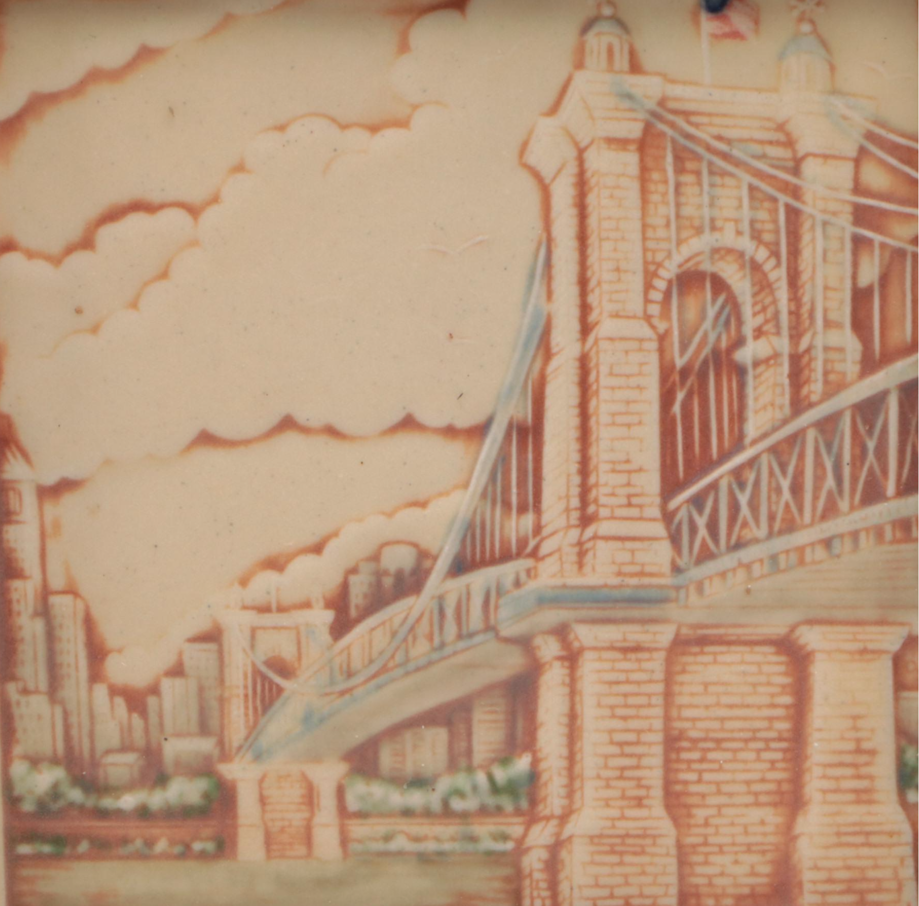 Rookwood Pottery "Roebling Bridge" & Cincinnati Skyline Tiles in Double Frame