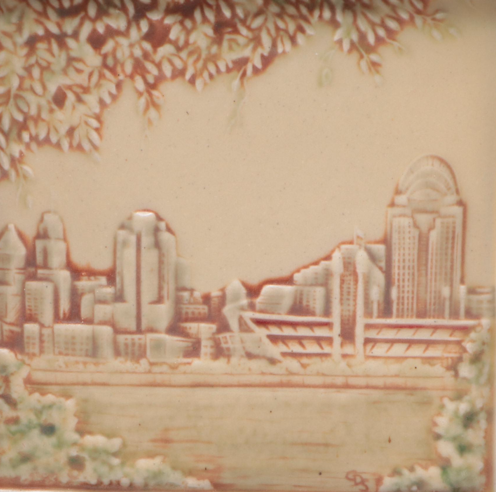 Rookwood Pottery "Roebling Bridge" & Cincinnati Skyline Tiles in Double Frame