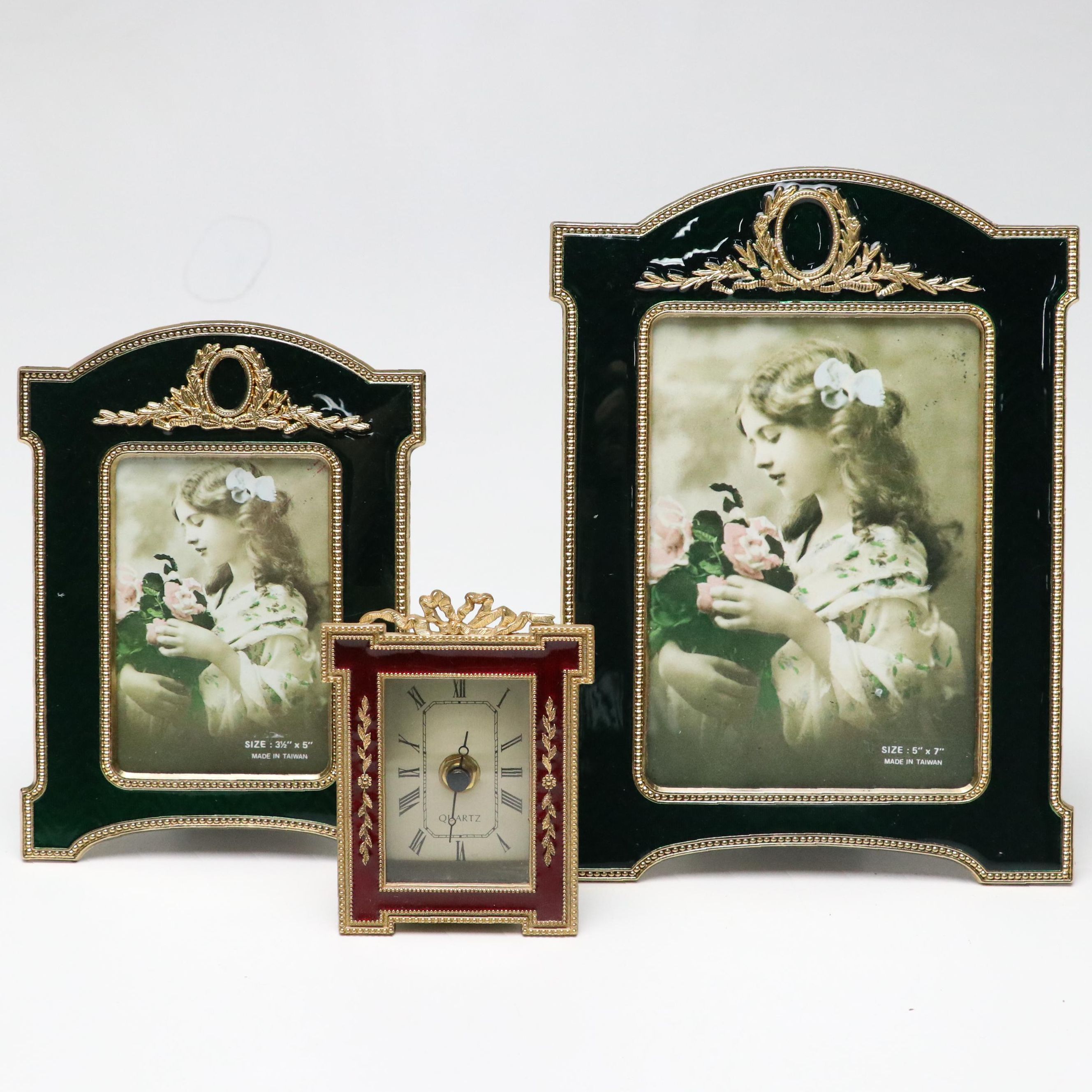 Guilloché Gold Tone Metal Tabletop Frame Set and Clock