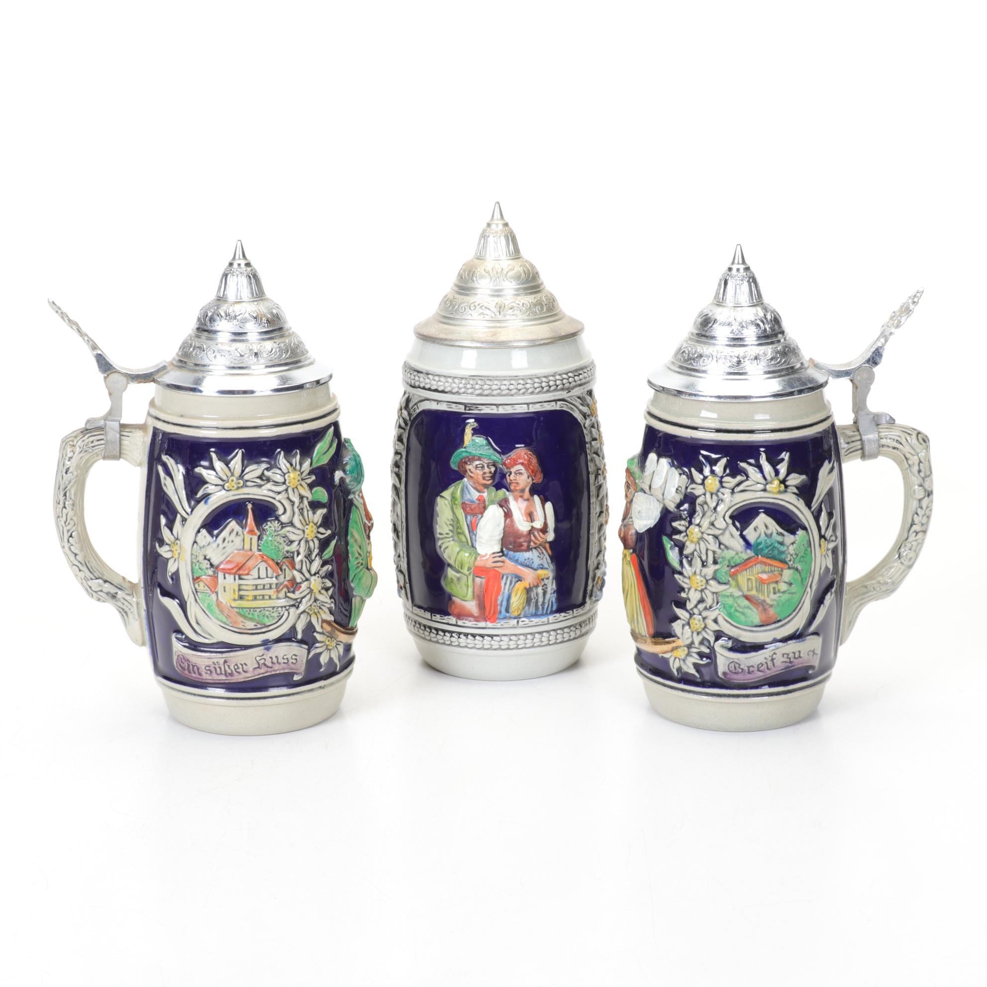 Trio of Hand-Painted German Beer Steins