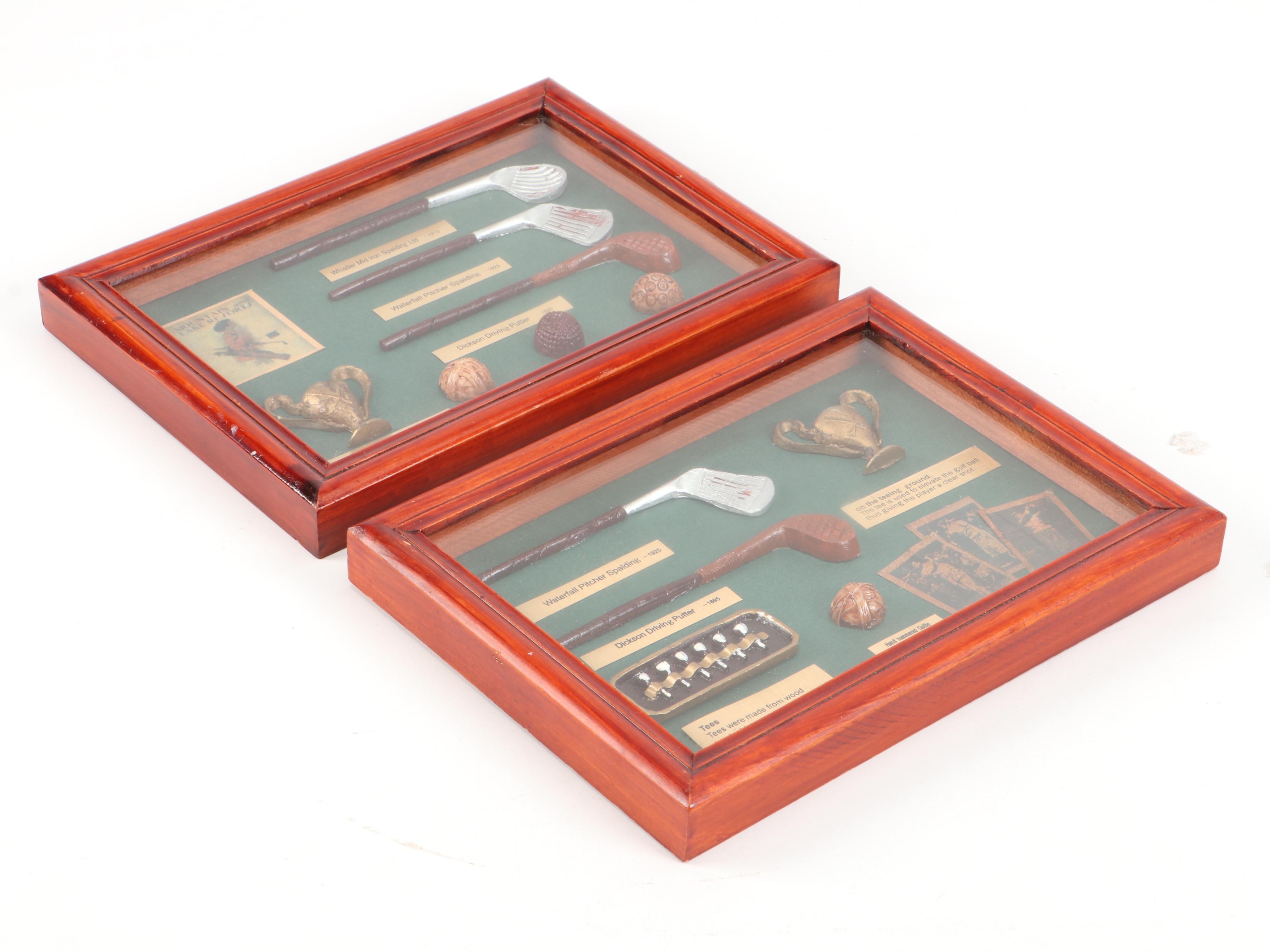 Resin, Paper, and Metal Golfing History Miniature Dioramas in Wood Shadow Boxes