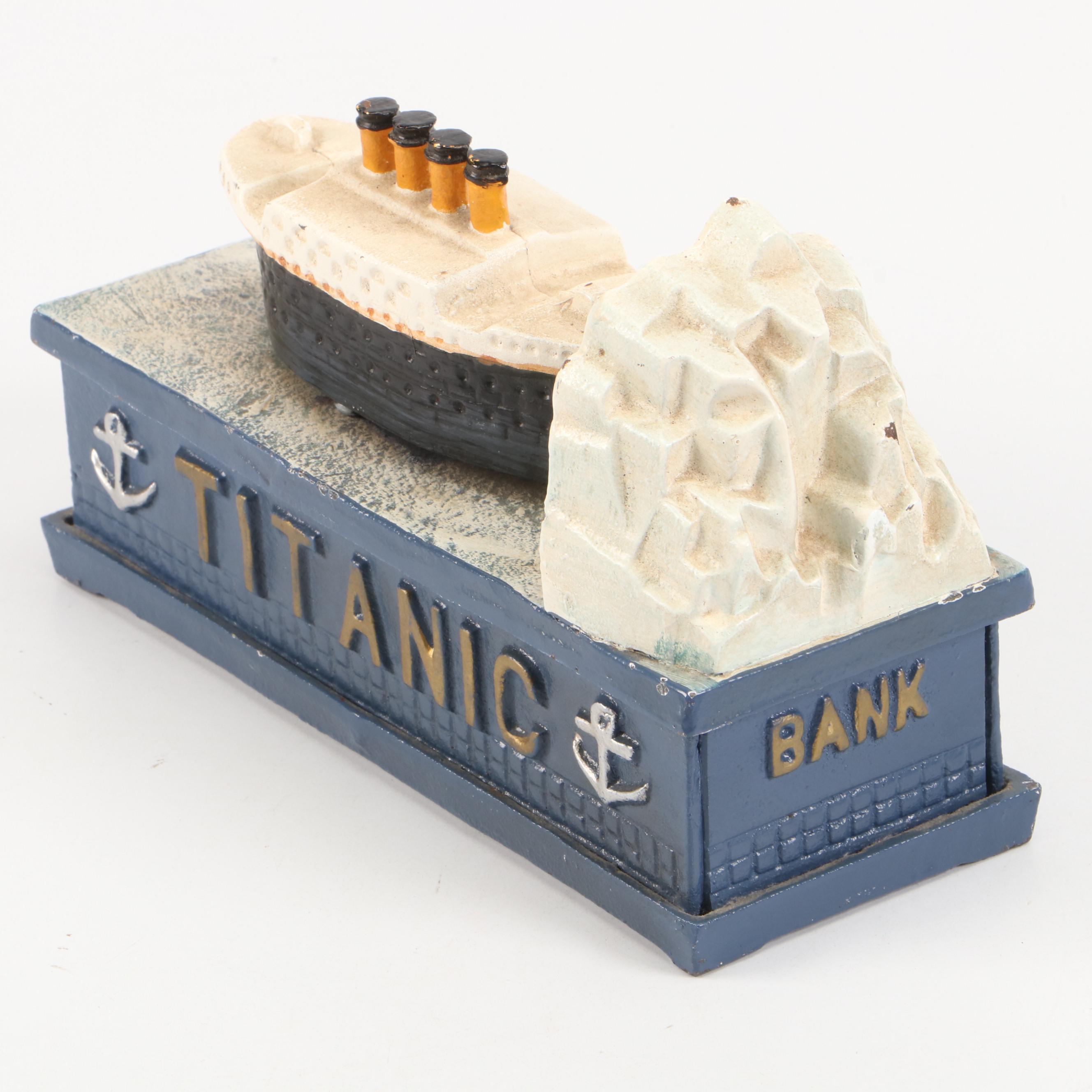 Painted Cast Iron Titanic and Iceberg Mechanical Bank