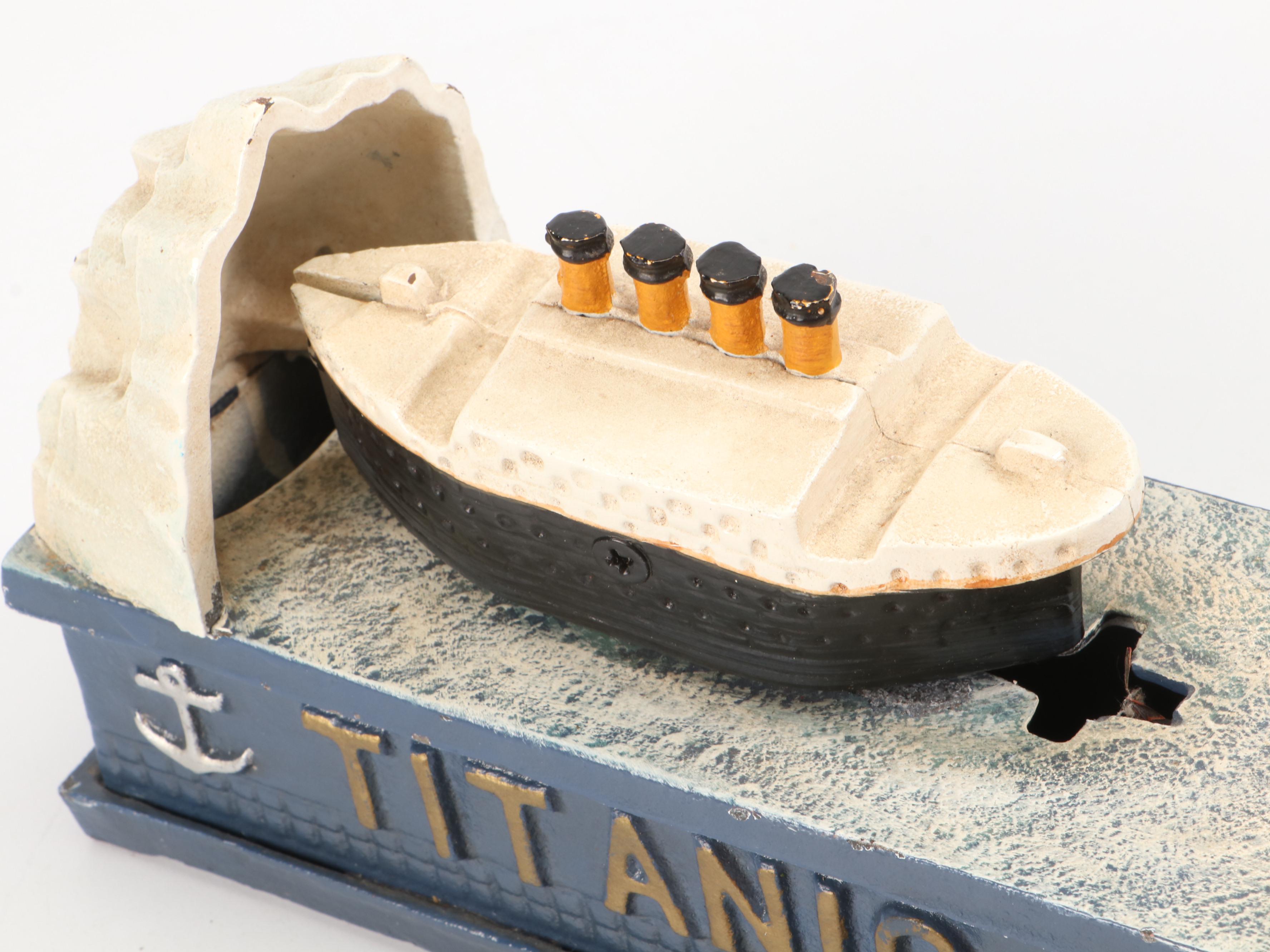 Painted Cast Iron Titanic and Iceberg Mechanical Bank