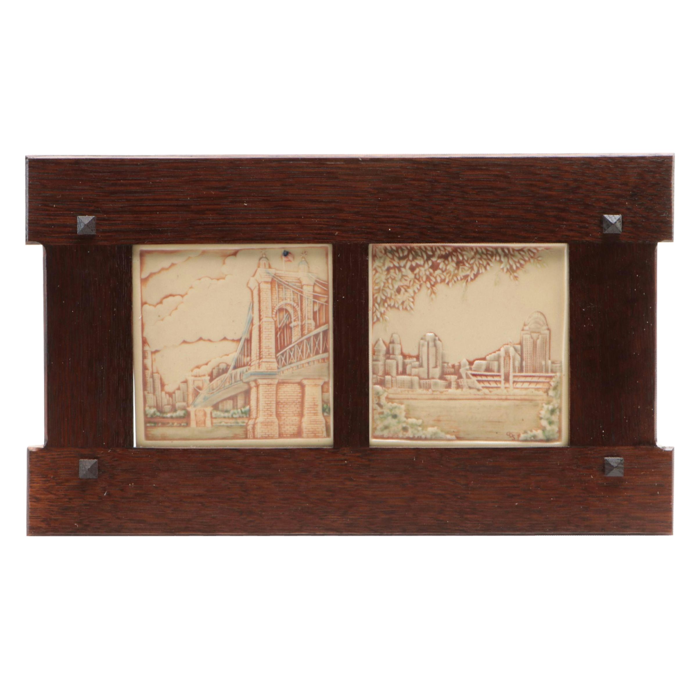 Rookwood Pottery "Roebling Bridge" & Cincinnati Skyline Tiles in Double Frame
