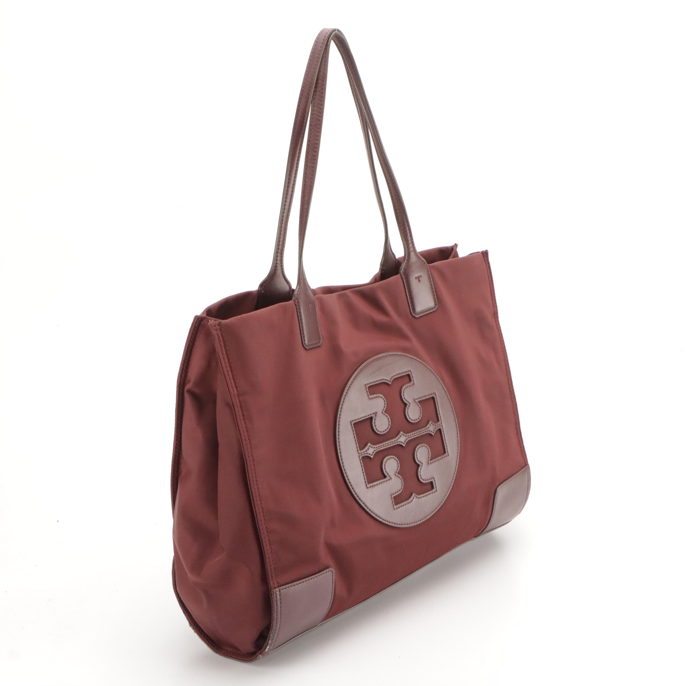 Tory Burch Large Ella Tote Bag in Maroon Nylon and Leather Trim