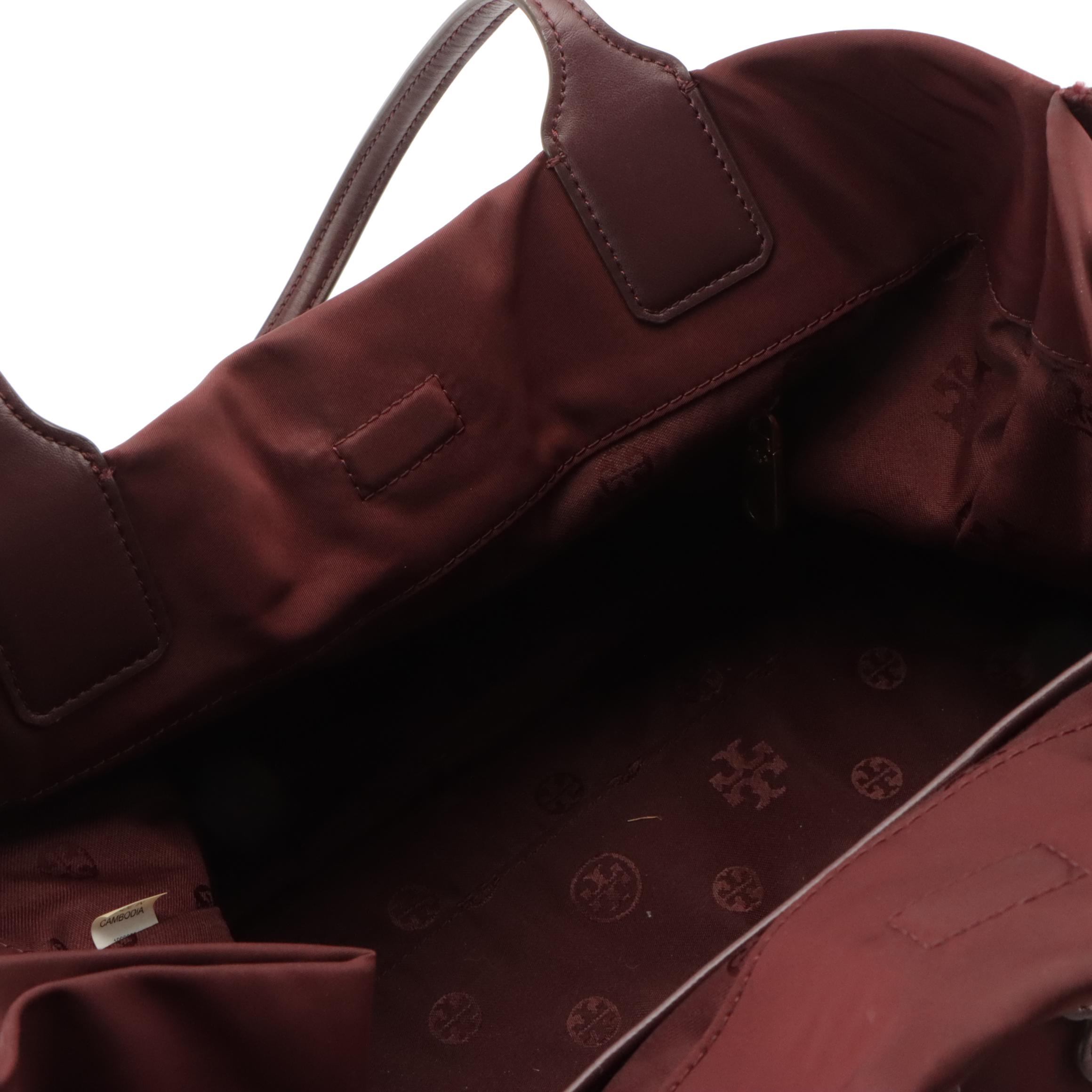 Tory Burch Large Ella Tote Bag in Maroon Nylon and Leather Trim