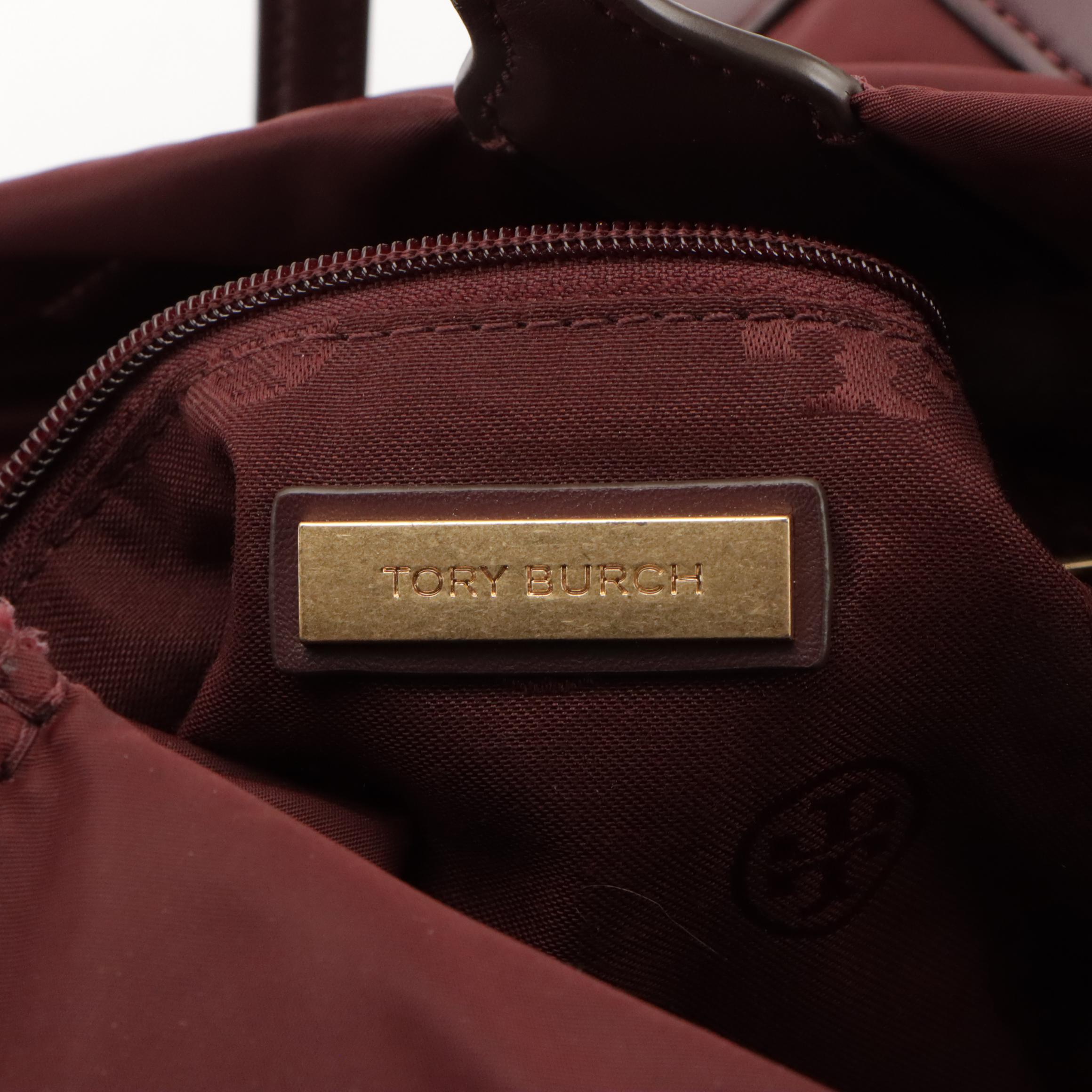 Tory Burch Large Ella Tote Bag in Maroon Nylon and Leather Trim