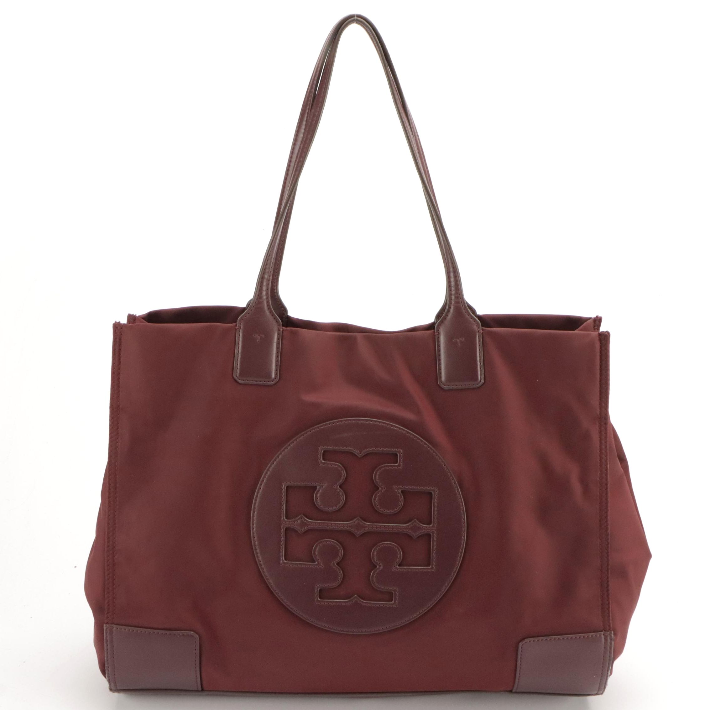 Tory Burch Large Ella Tote Bag in Maroon Nylon and Leather Trim