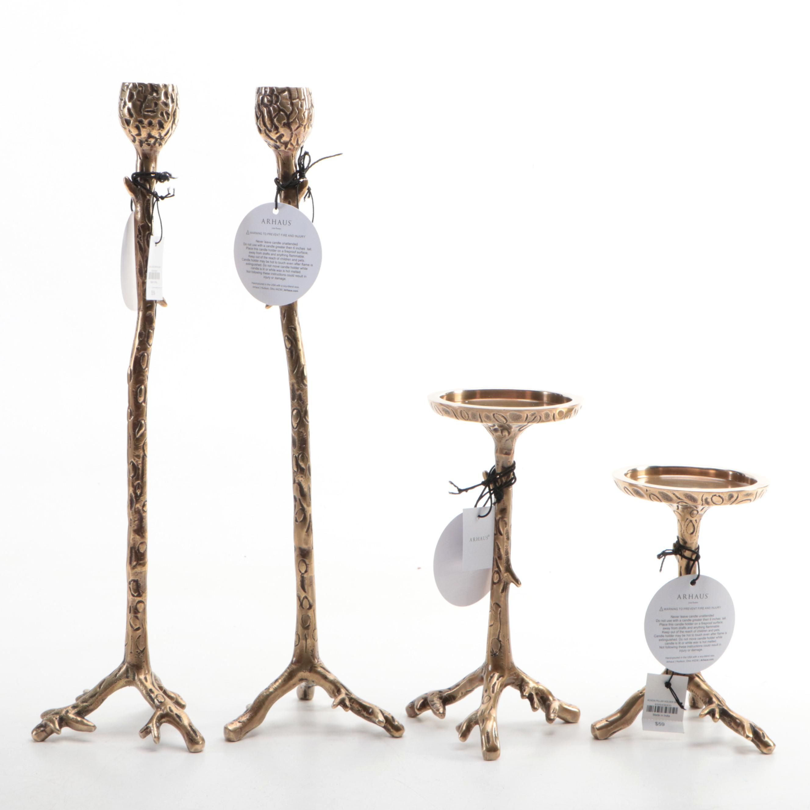 Arhaus "Acadia" Textured Brass Pillar Candle Holders and Candlesticks