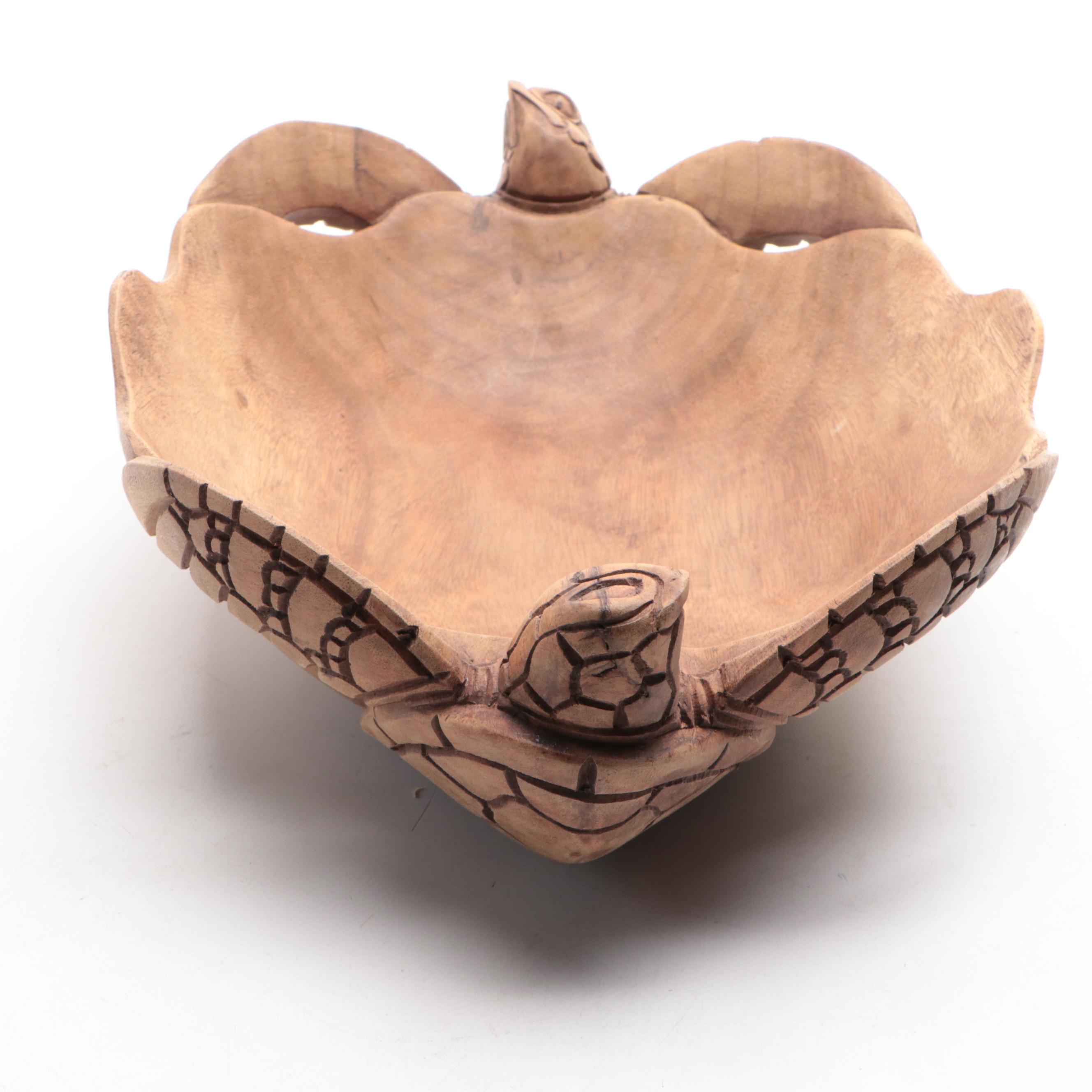 Carved Wood Centerpiece Bowl with Sea Turtle Accents