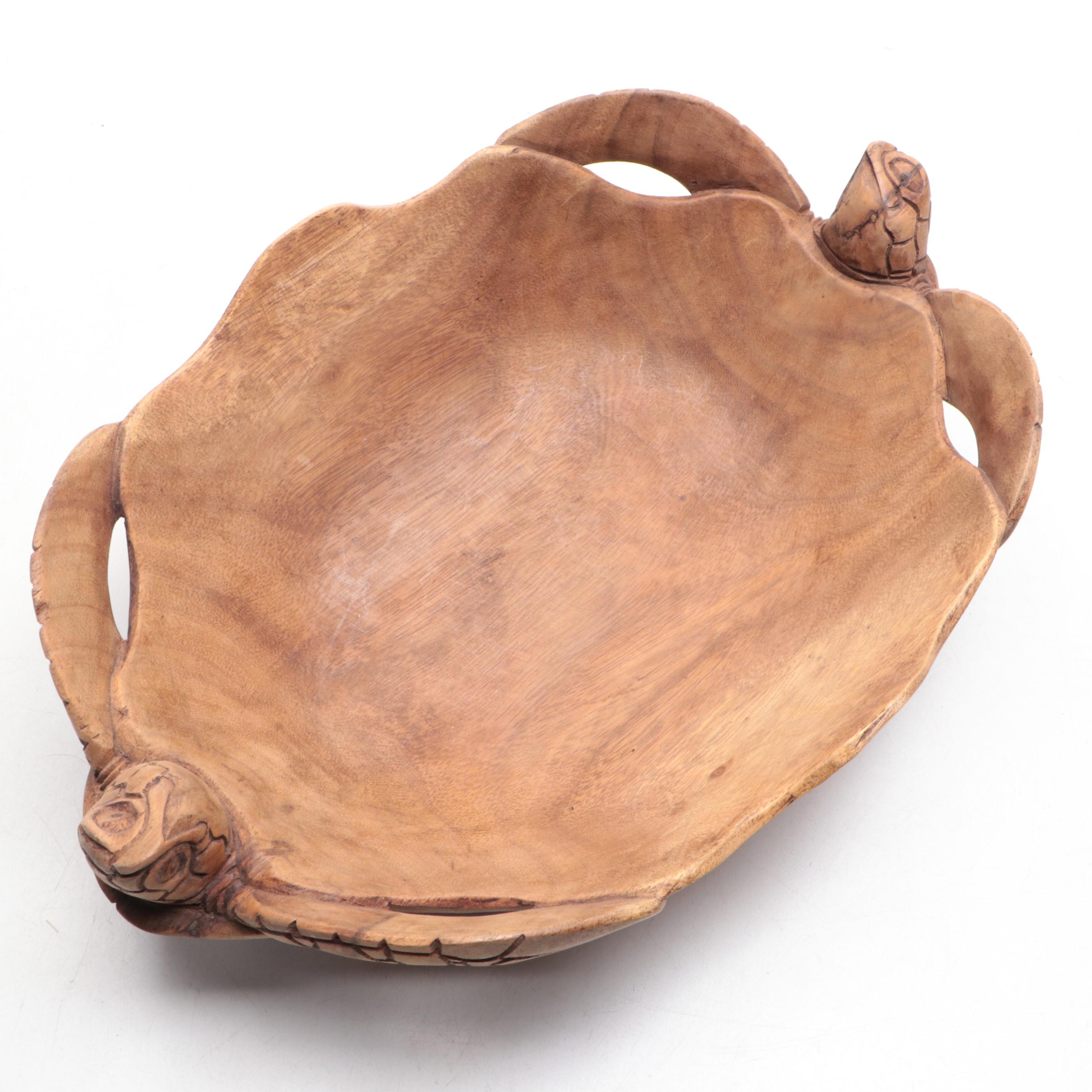 Carved Wood Centerpiece Bowl with Sea Turtle Accents