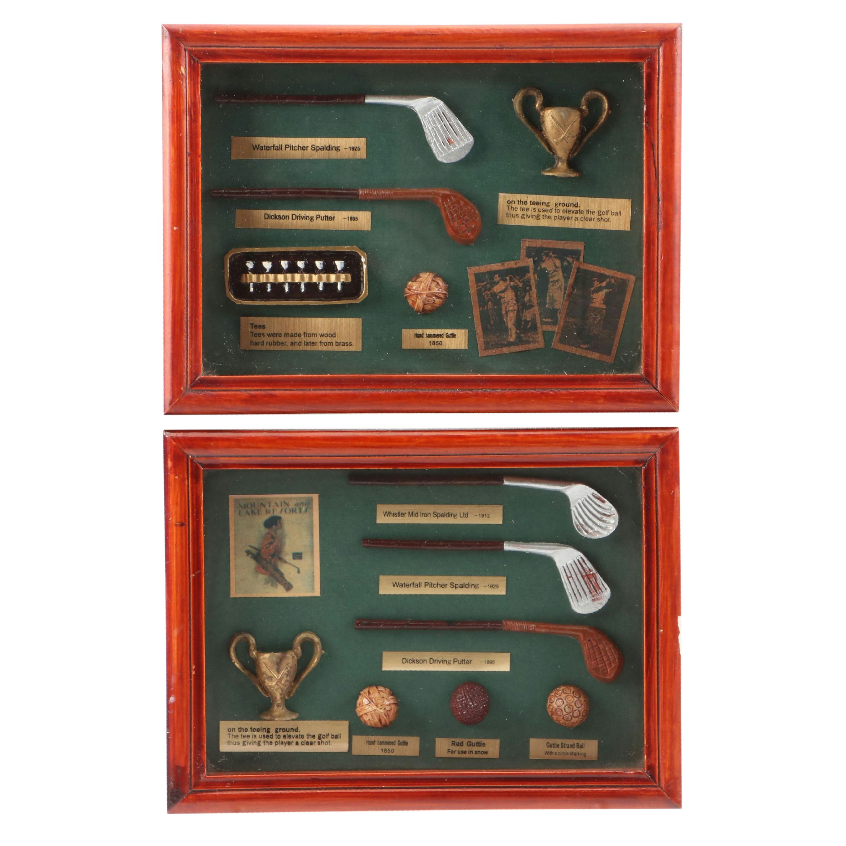 Resin, Paper, and Metal Golfing History Miniature Dioramas in Wood Shadow Boxes