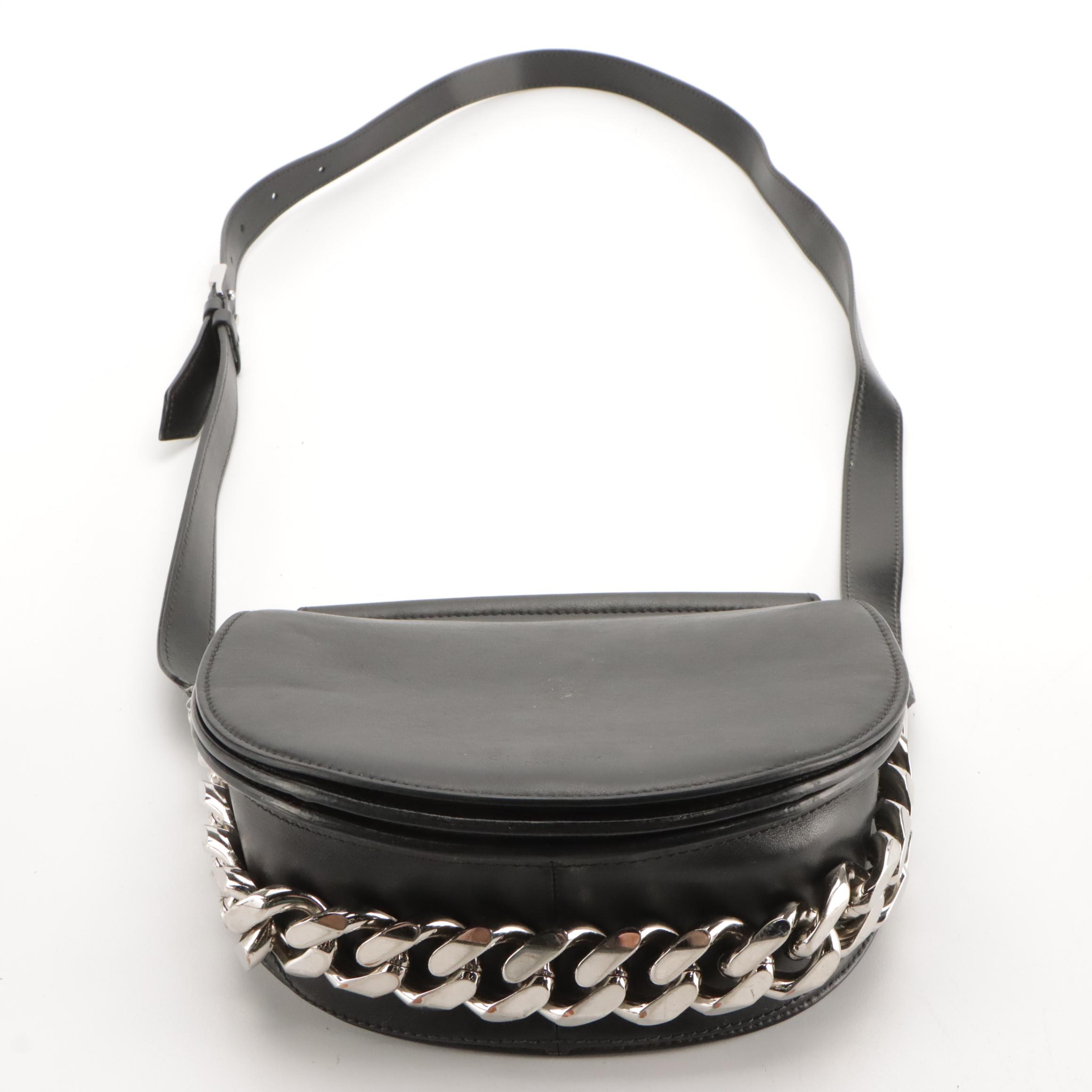 Givenchy Black Leather Infinity Saddle Crossbody Bag with Silver-Tone Chain Trim