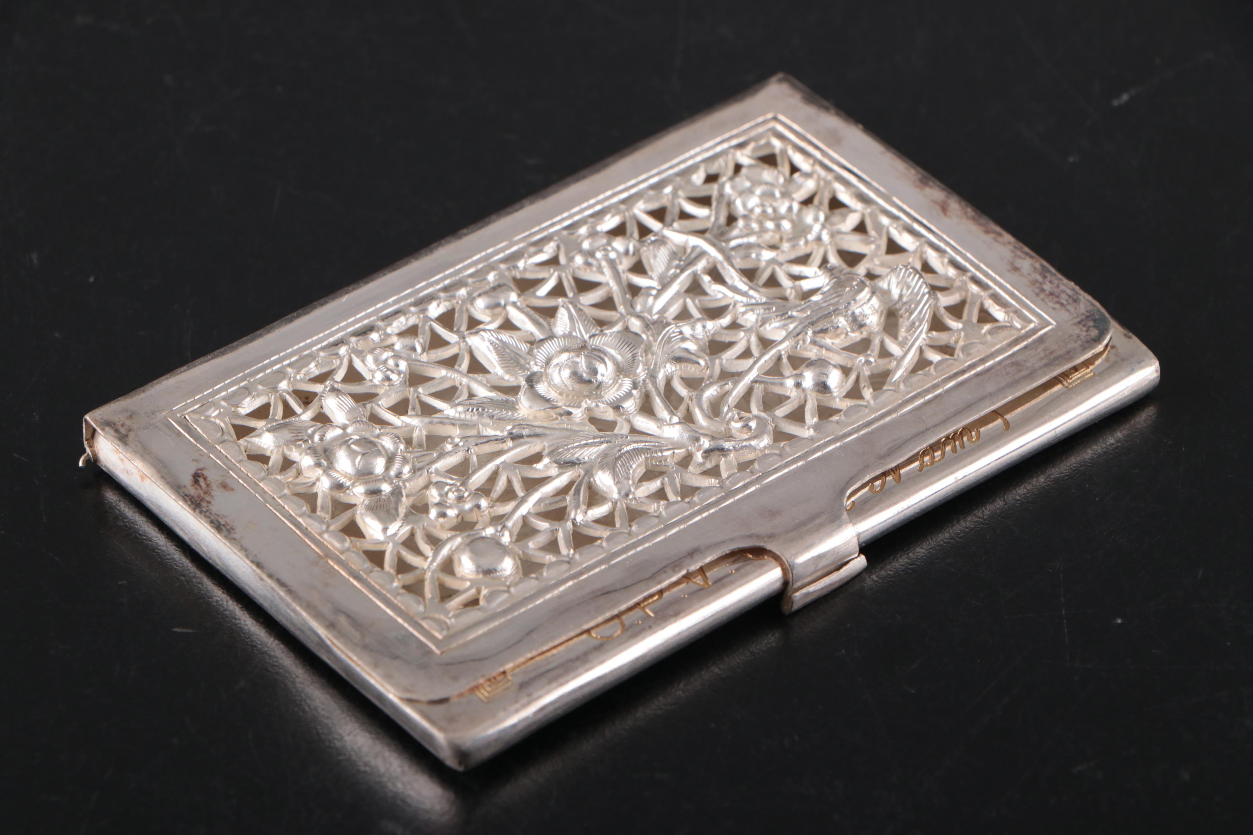 Vietnamese Embossed Silver Plate Card Case with Embossed Metal Boxes