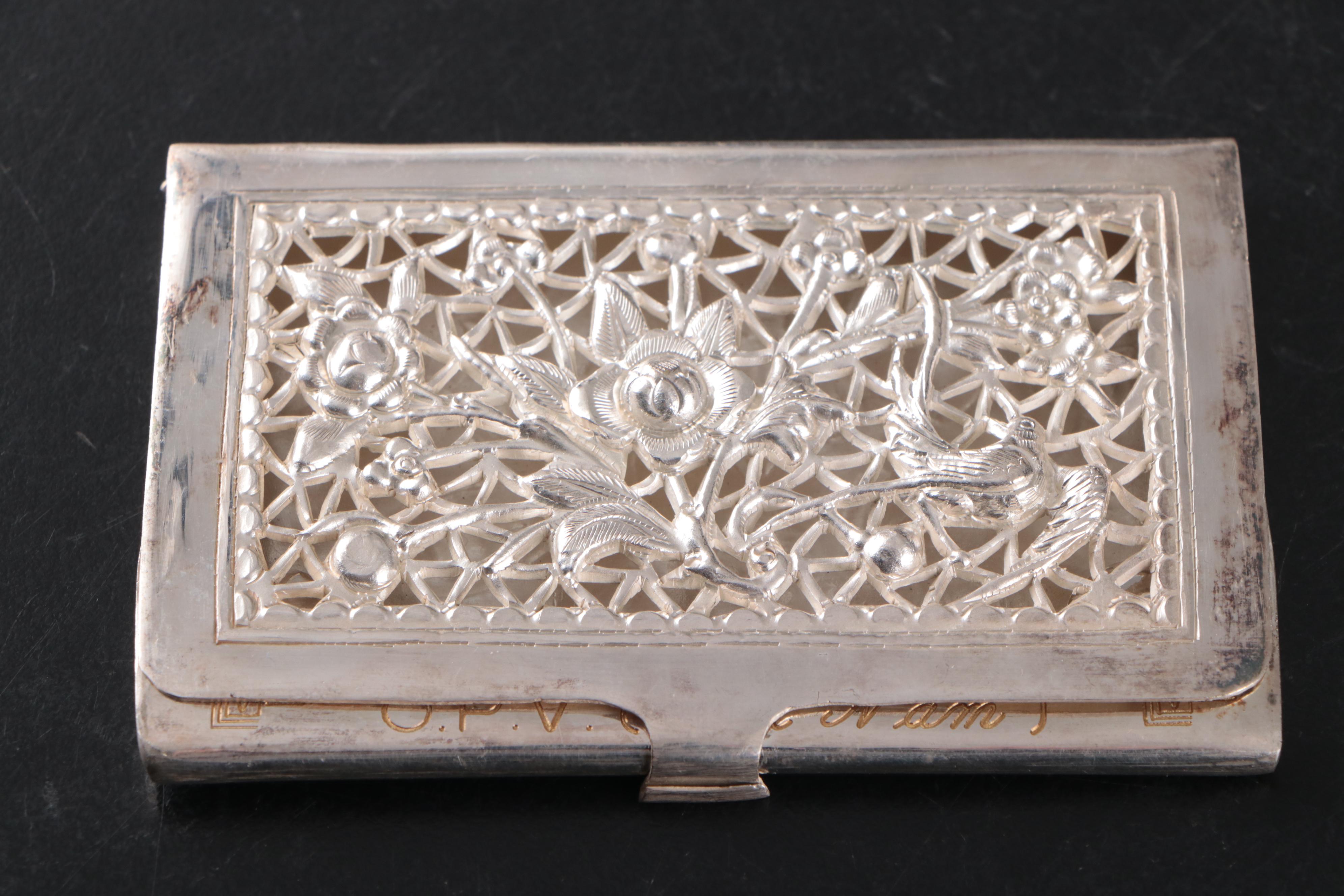 Vietnamese Embossed Silver Plate Card Case with Embossed Metal Boxes