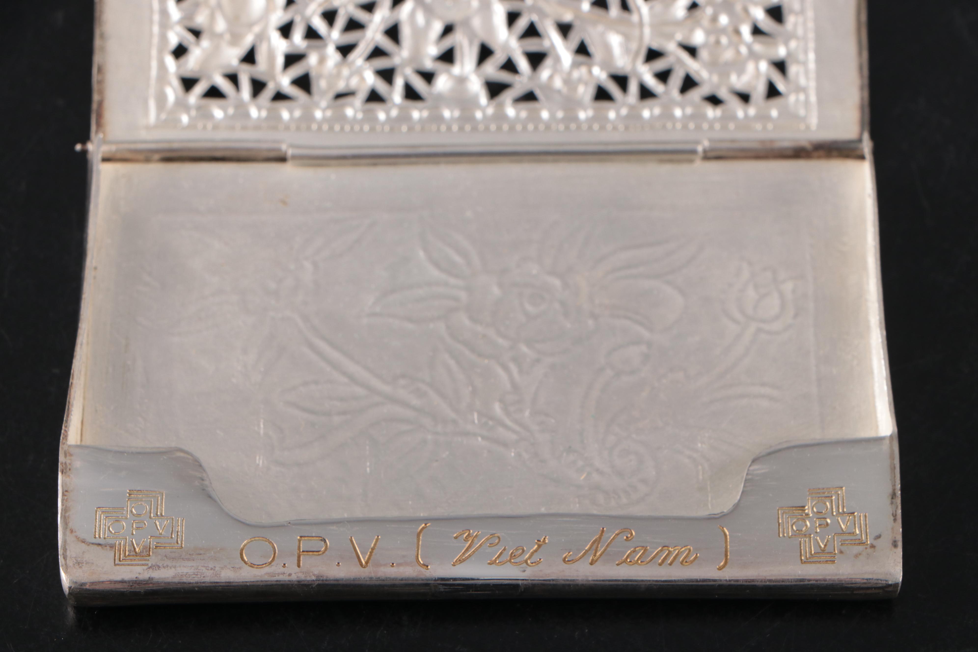 Vietnamese Embossed Silver Plate Card Case with Embossed Metal Boxes