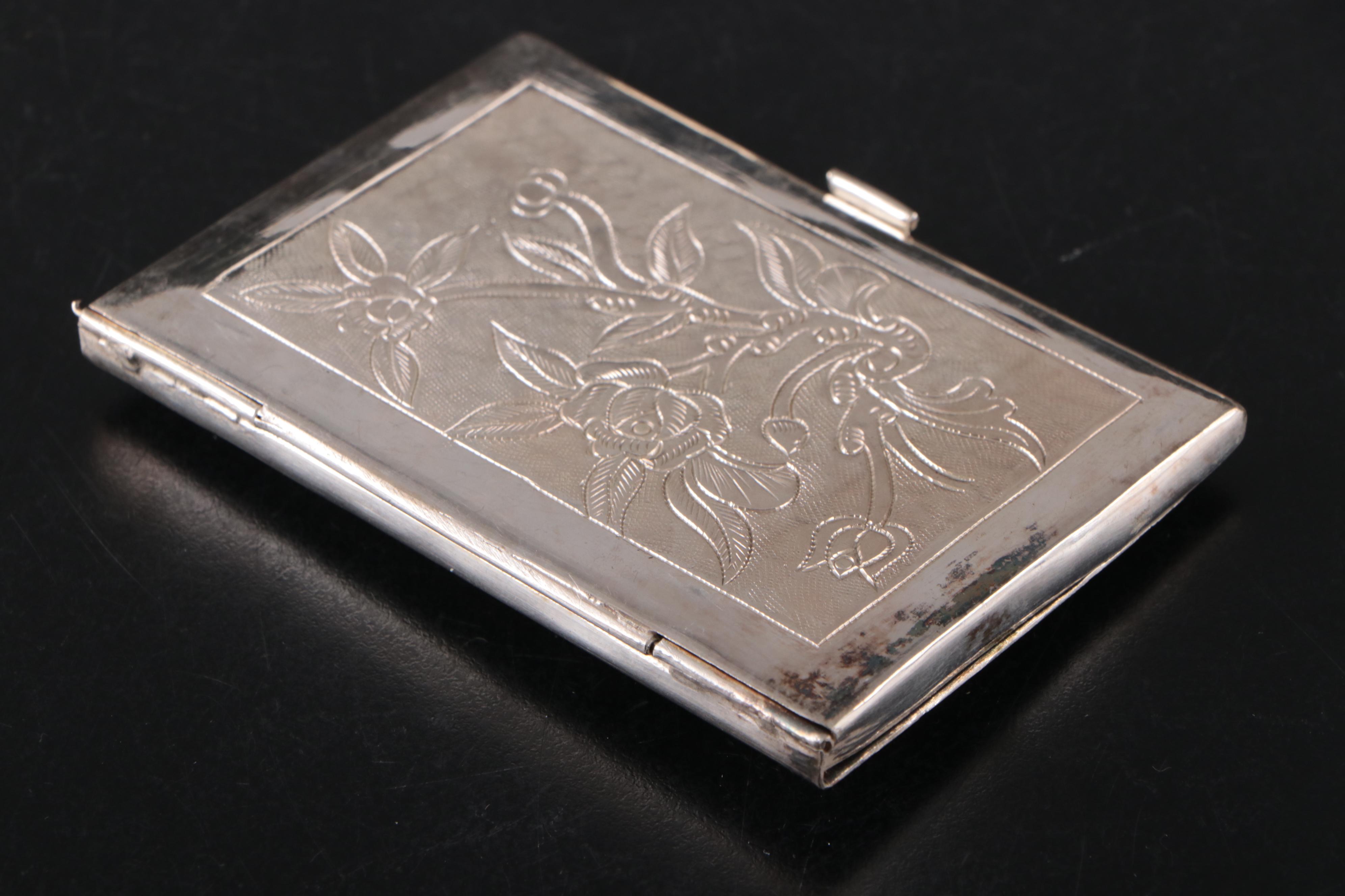Vietnamese Embossed Silver Plate Card Case with Embossed Metal Boxes