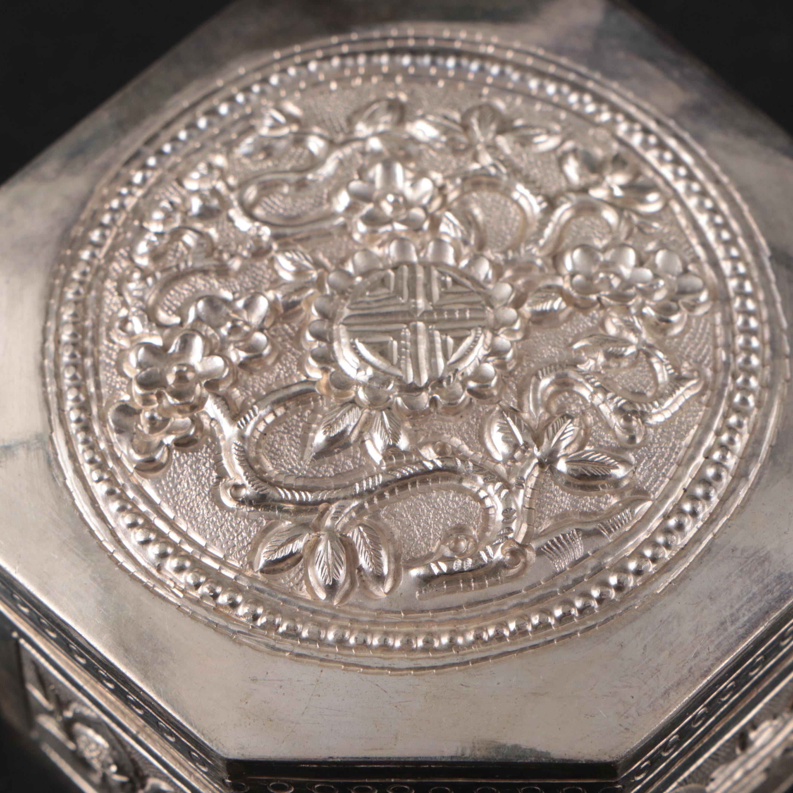 Vietnamese Embossed Silver Plate Card Case with Embossed Metal Boxes
