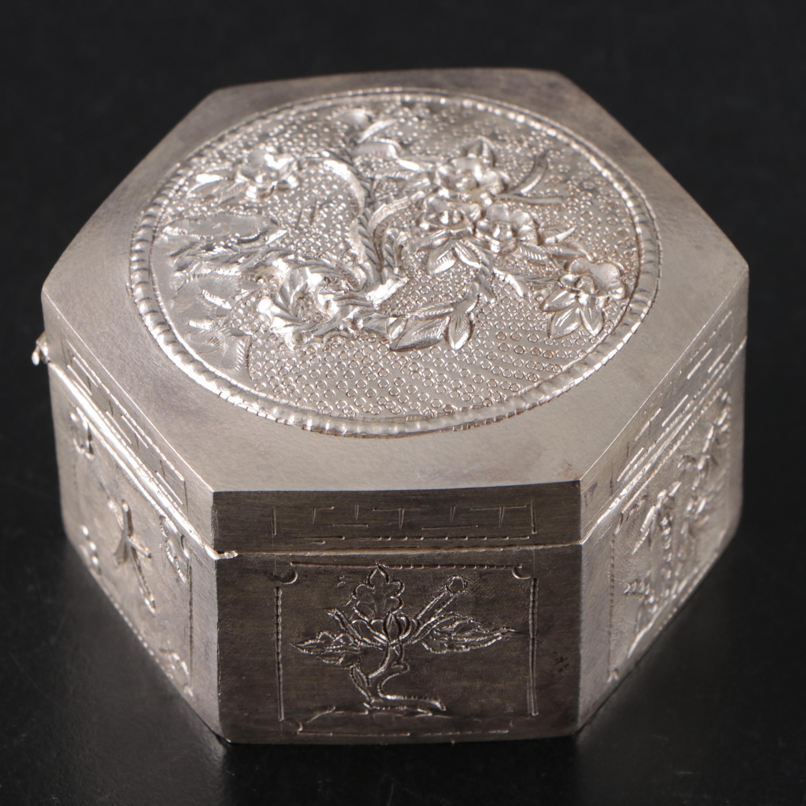 Vietnamese Embossed Silver Plate Card Case with Embossed Metal Boxes