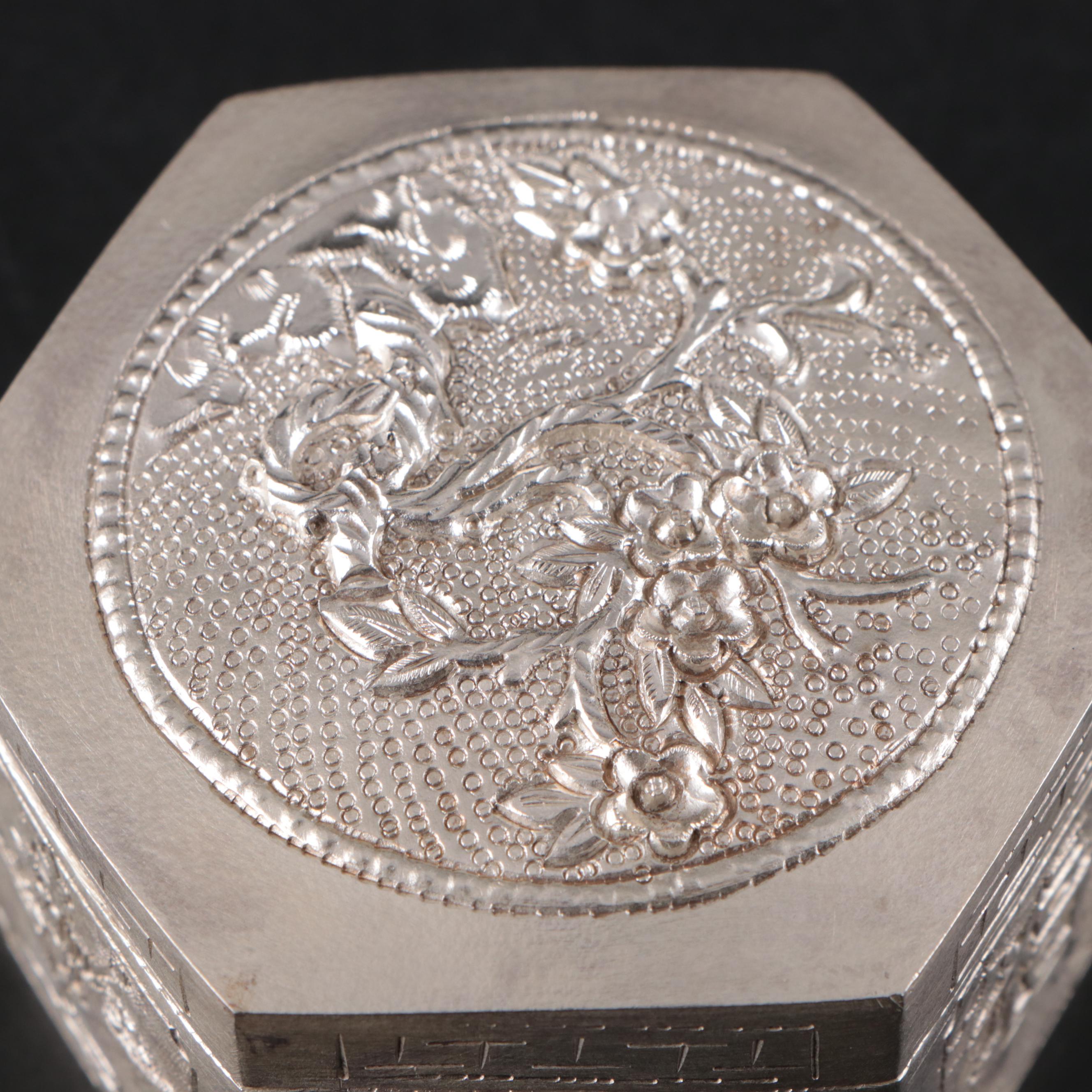 Vietnamese Embossed Silver Plate Card Case with Embossed Metal Boxes