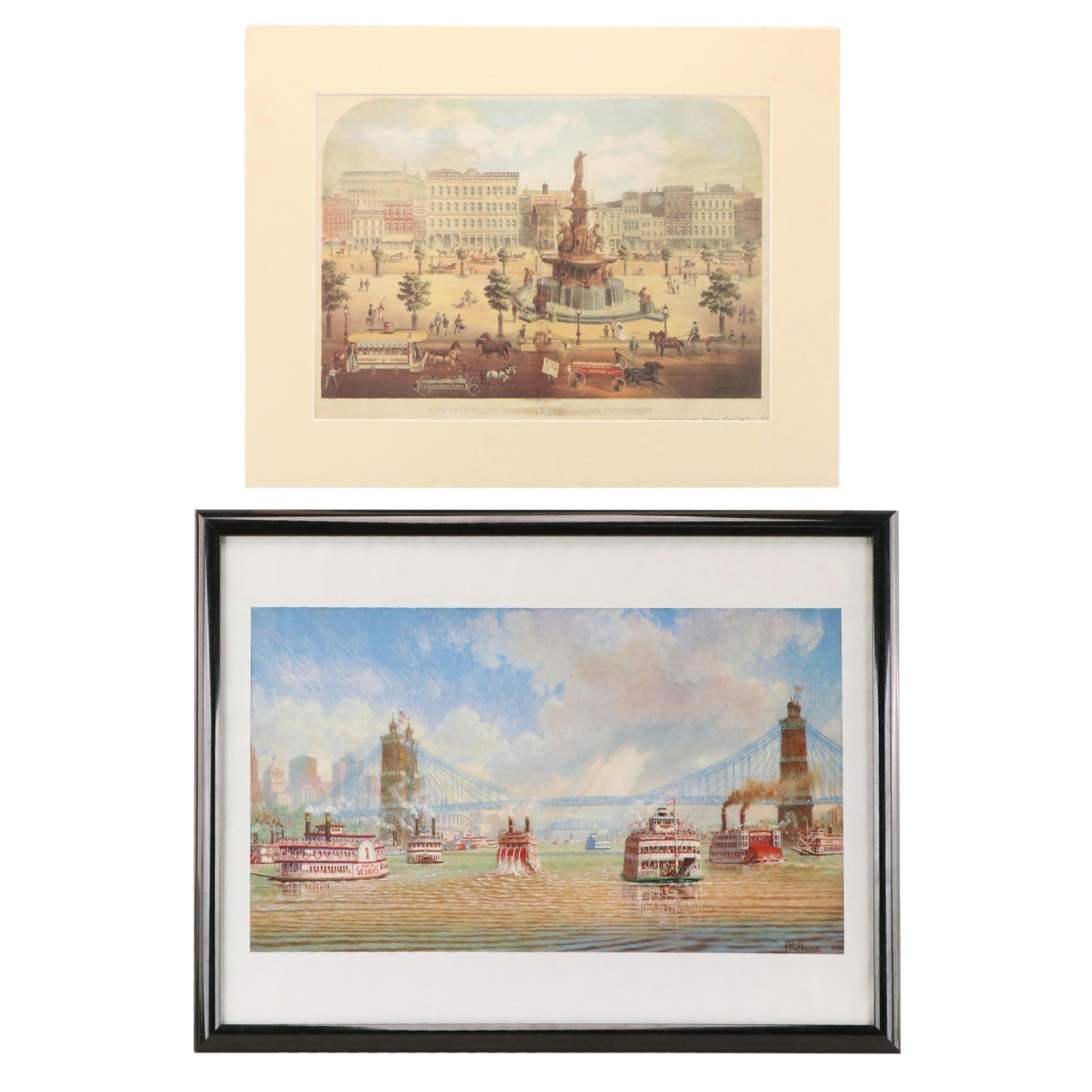 Cincinnati Offset Lithographs of "View of Davidson Fountain" and "Tall Stacks"