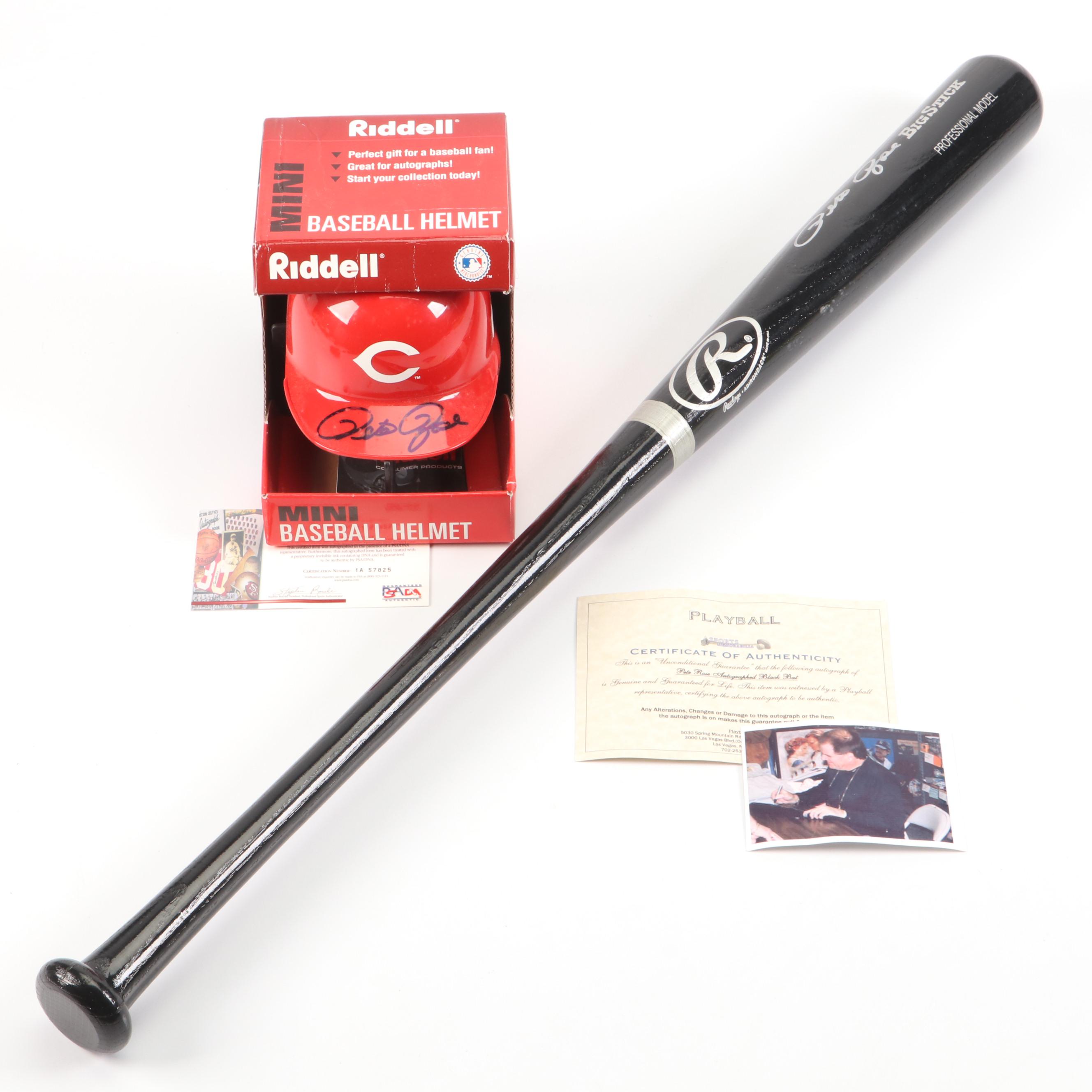Pete Rose Signed Rawlings Baseball Bat and Riddell Mini Helmet