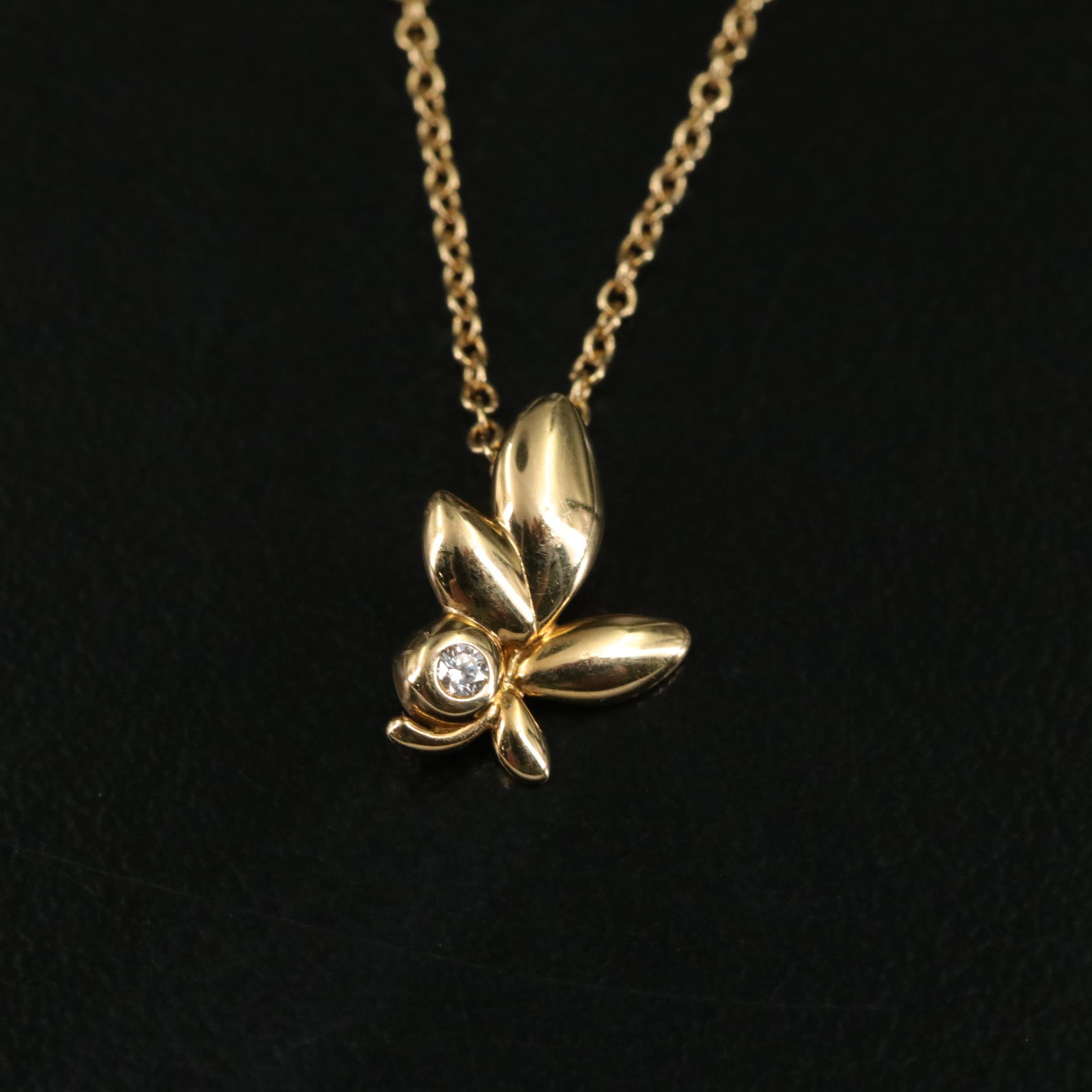 Tiffany & Co. Paloma Picasso Olive Leaf Diamond 18K Yellow Gold Pendant Necklace