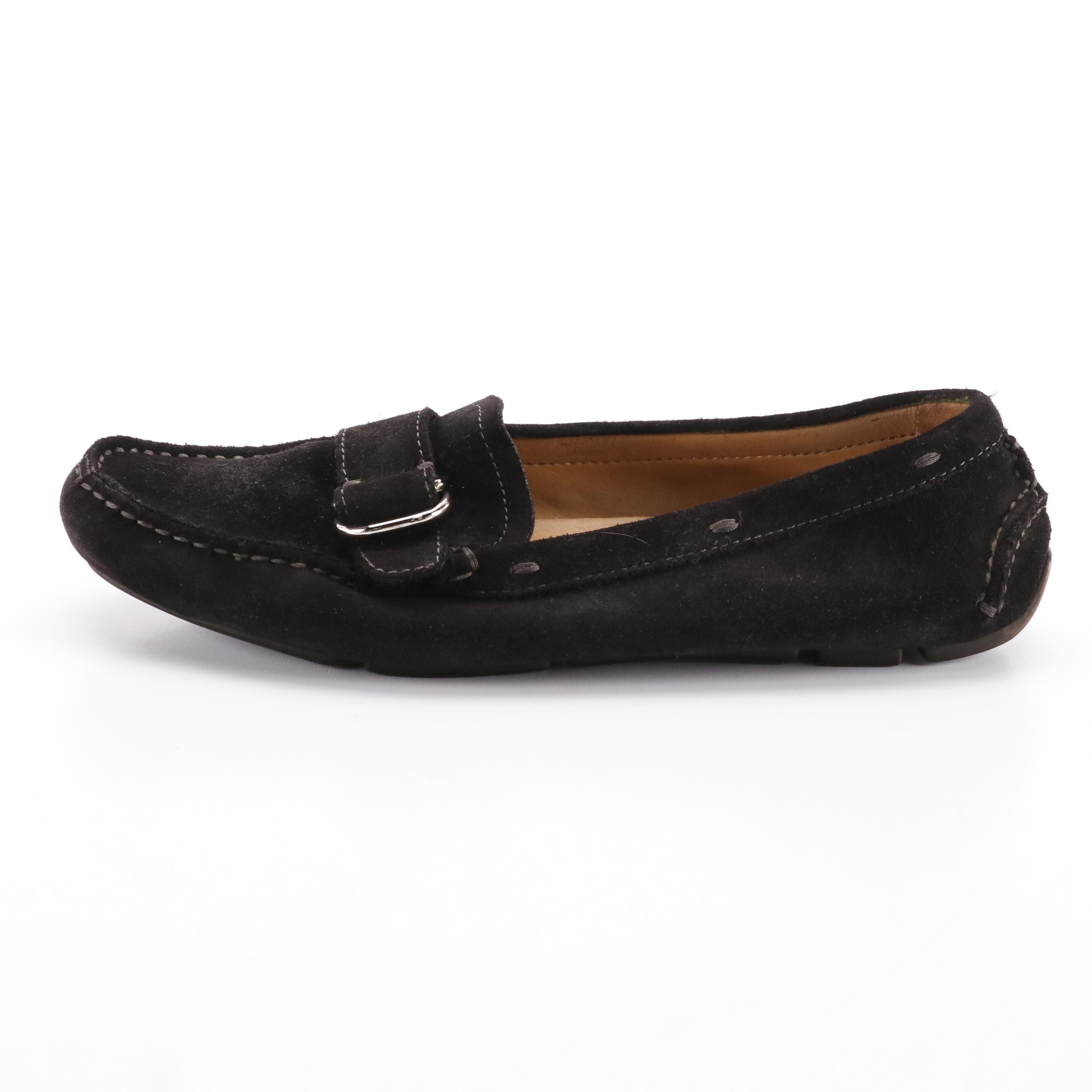 Prada Black Suede Buckle Strap Moccasin Loafers