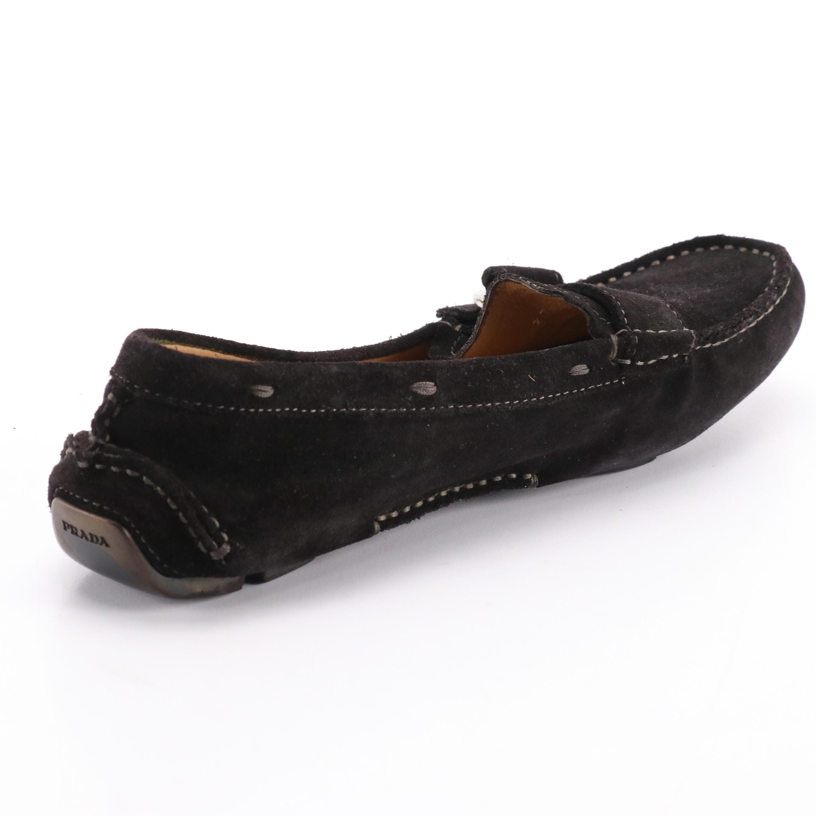 Prada Black Suede Buckle Strap Moccasin Loafers