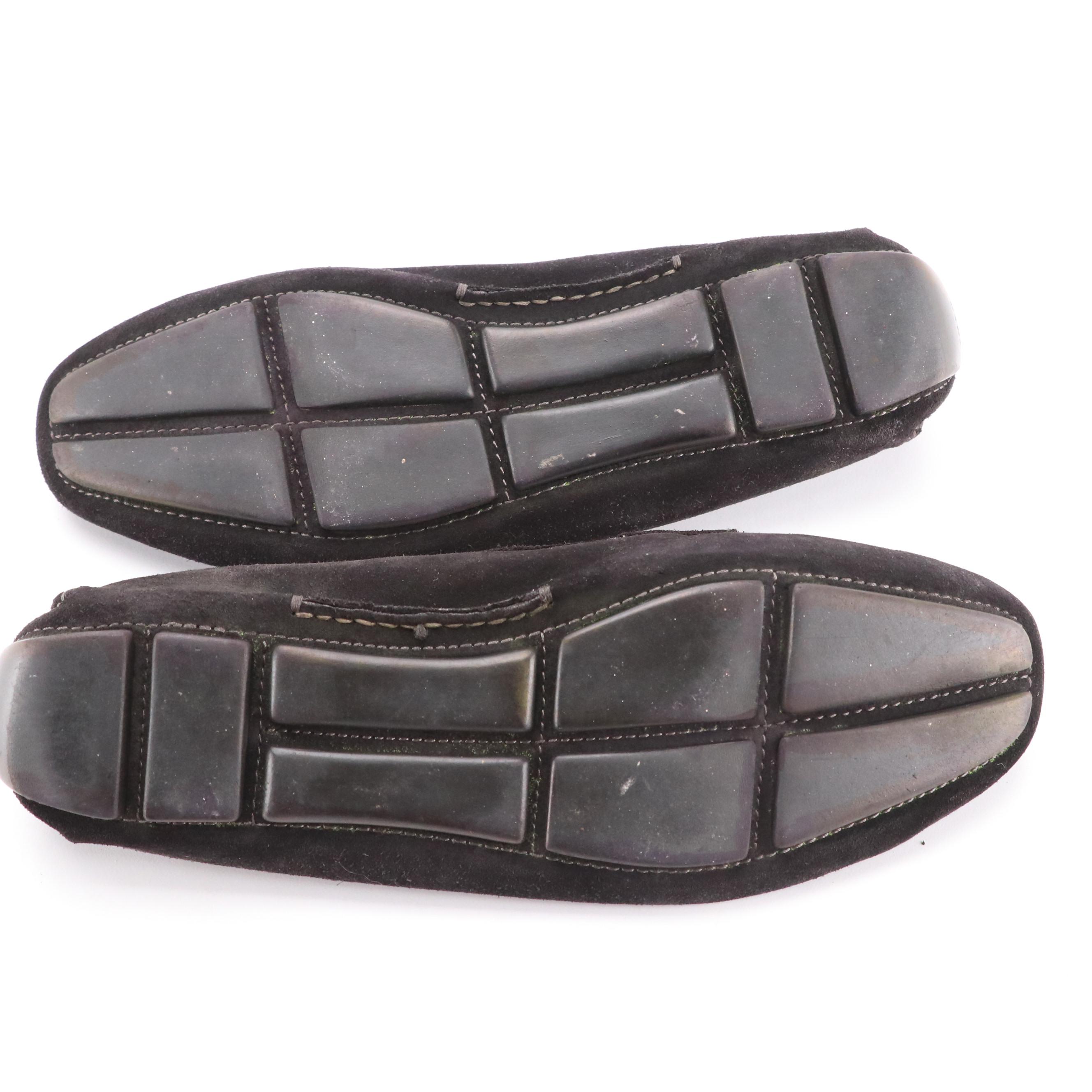 Prada Black Suede Buckle Strap Moccasin Loafers