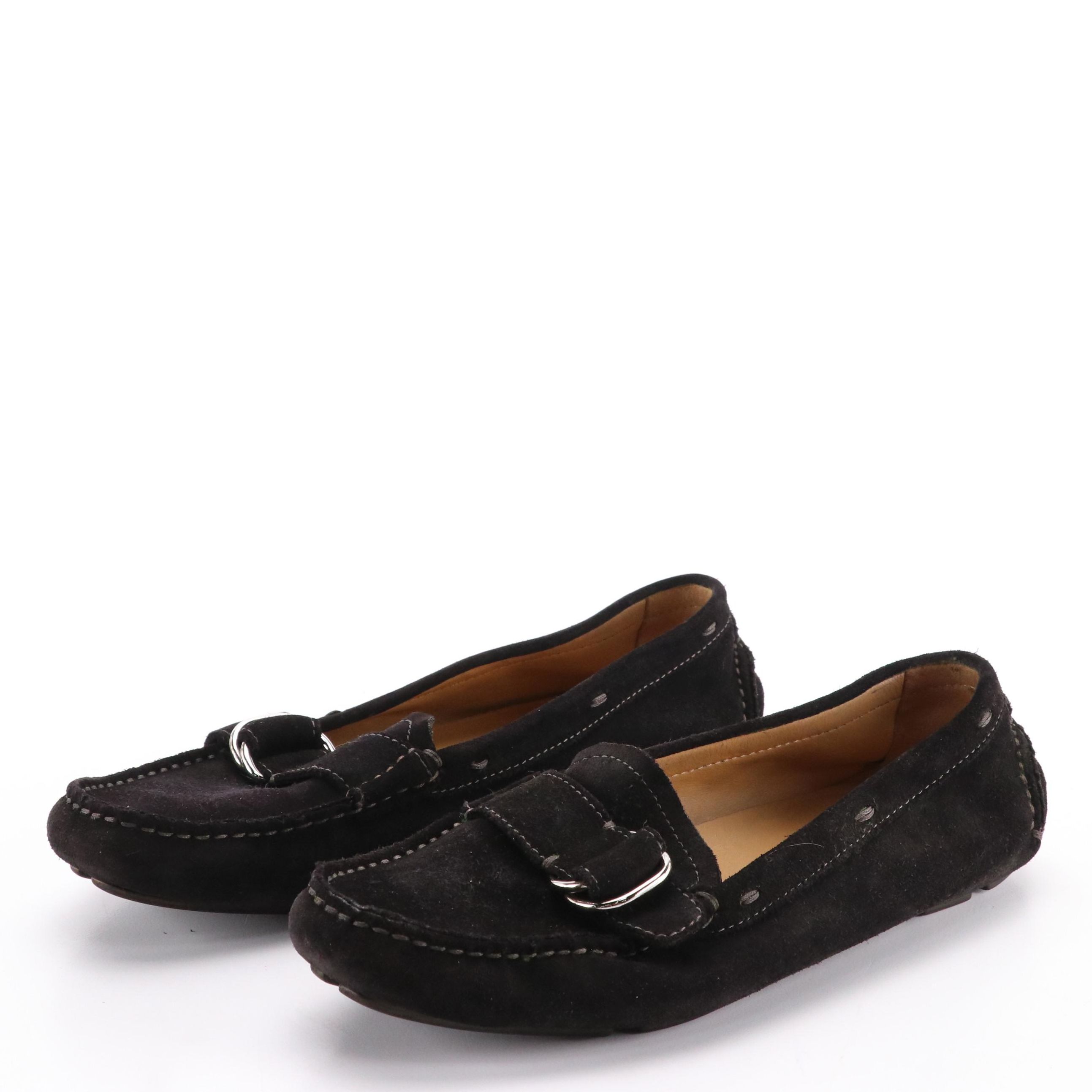 Prada Black Suede Buckle Strap Moccasin Loafers