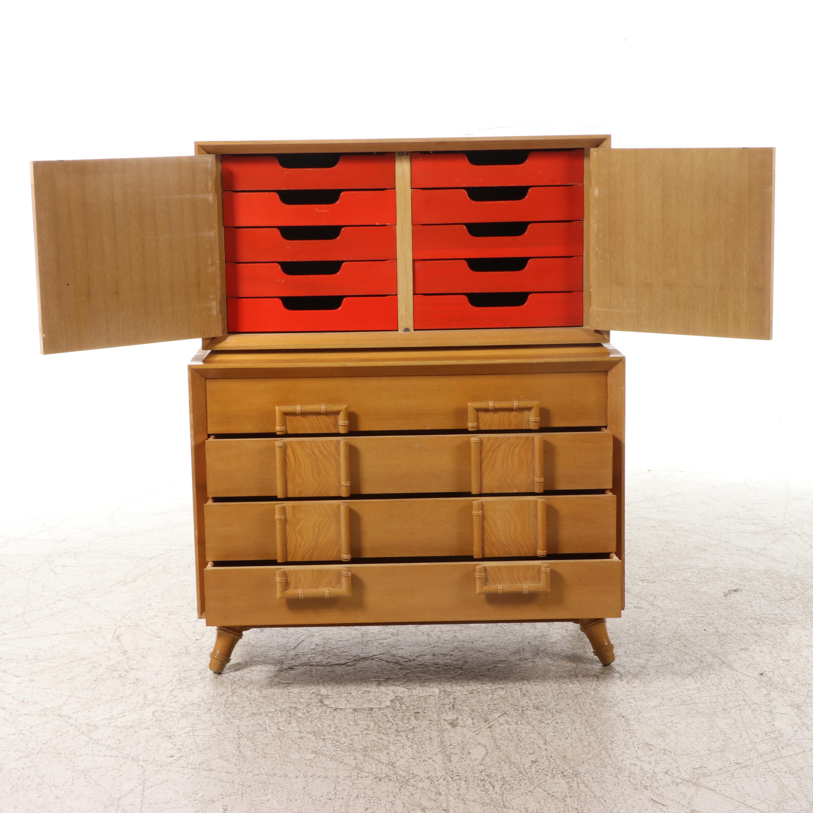 Mid Century Modern Bleached Mahogany, Burl Ash, & Faux-Bamboo Chest-on-Chest