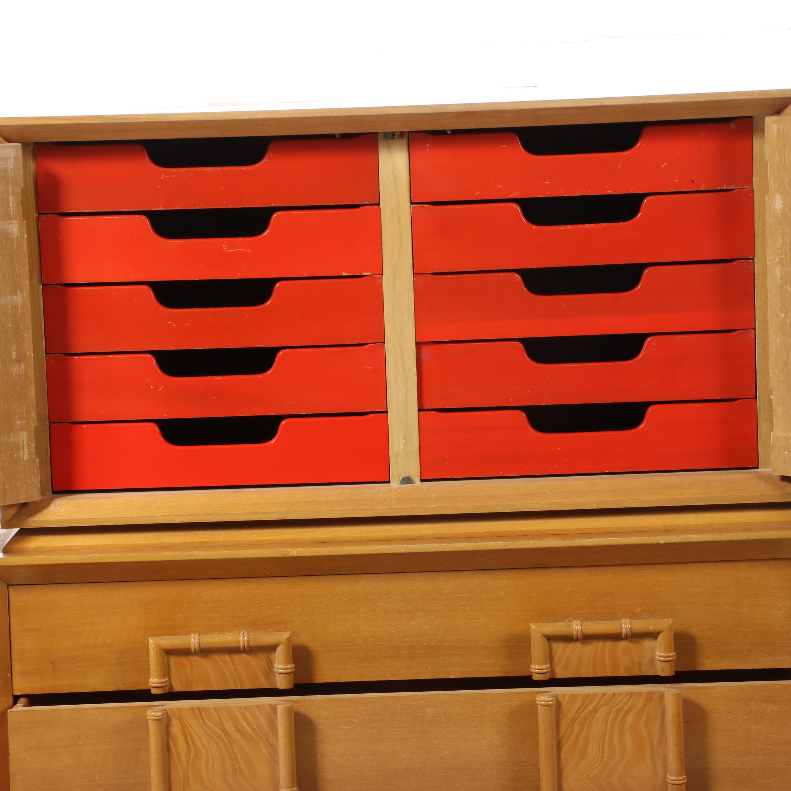 Mid Century Modern Bleached Mahogany, Burl Ash, & Faux-Bamboo Chest-on-Chest