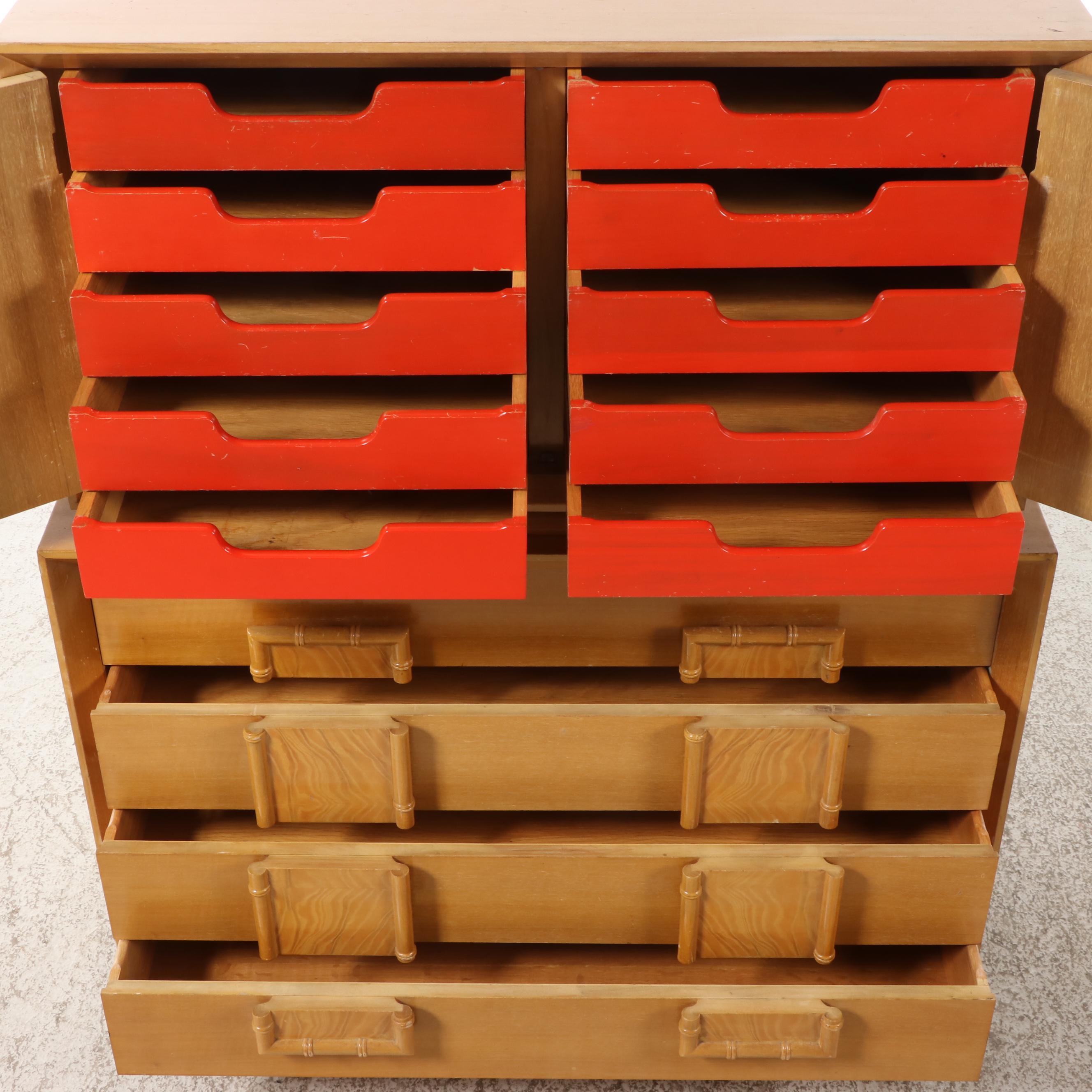 Mid Century Modern Bleached Mahogany, Burl Ash, & Faux-Bamboo Chest-on-Chest