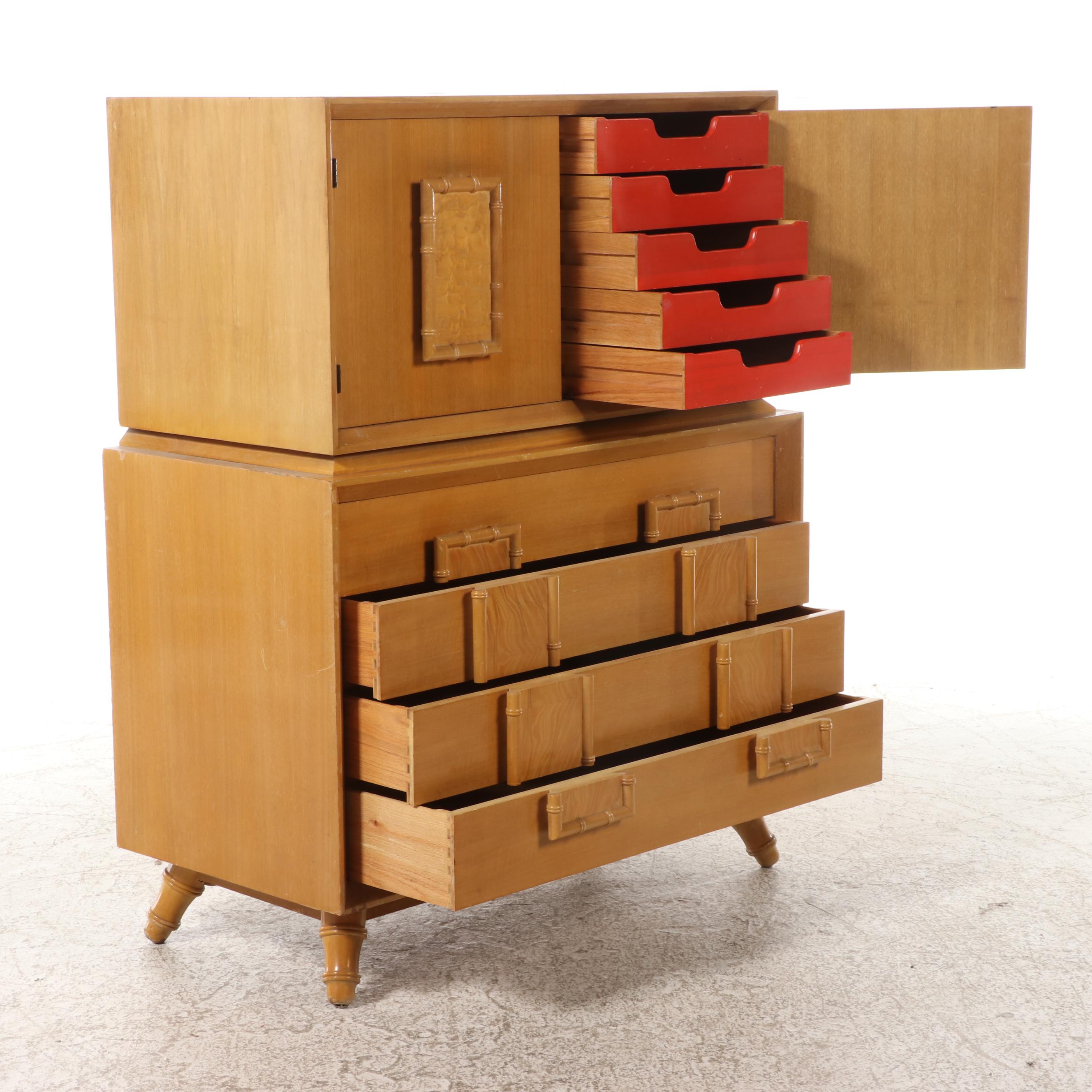 Mid Century Modern Bleached Mahogany, Burl Ash, & Faux-Bamboo Chest-on-Chest