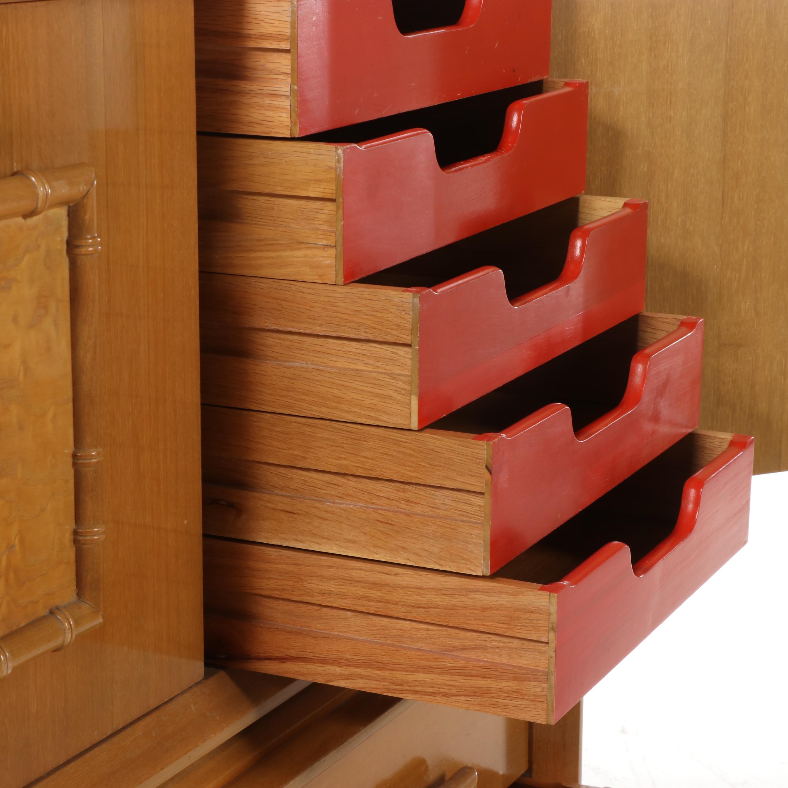 Mid Century Modern Bleached Mahogany, Burl Ash, & Faux-Bamboo Chest-on-Chest