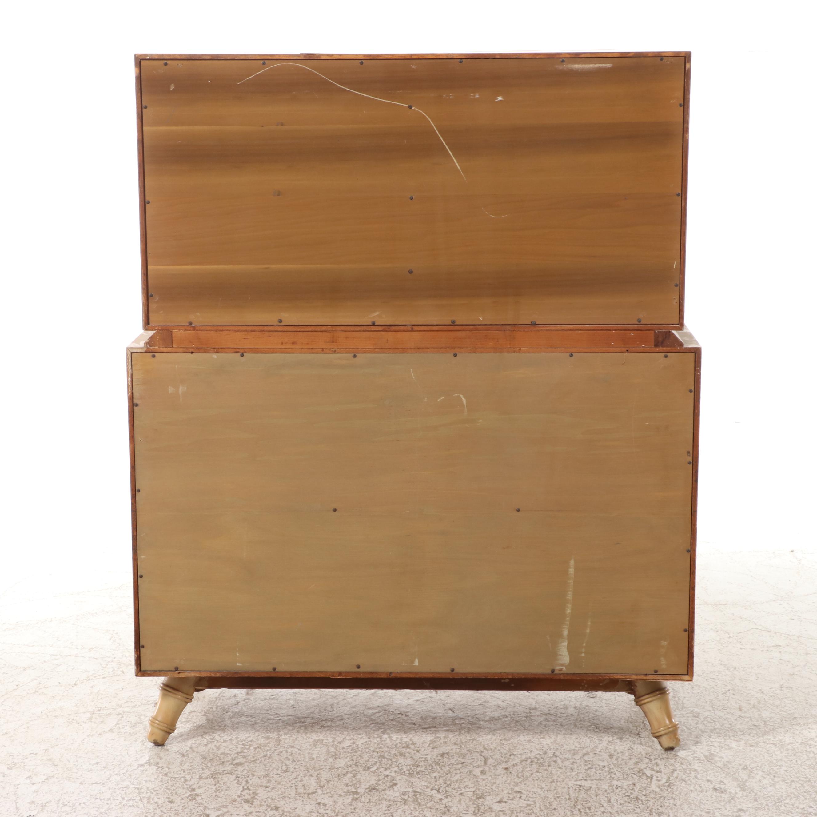 Mid Century Modern Bleached Mahogany, Burl Ash, & Faux-Bamboo Chest-on-Chest