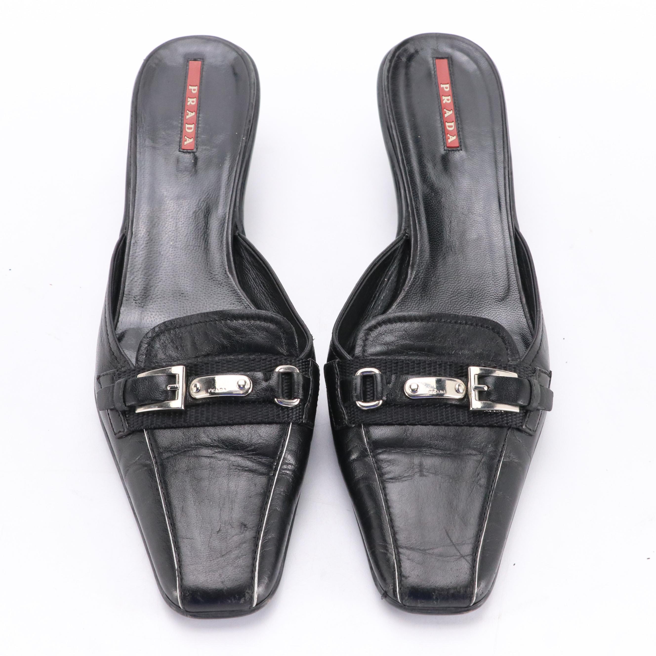 Prada Sport Black Leather Square-Toe Buckle Accent Kitten Heels, 1990s