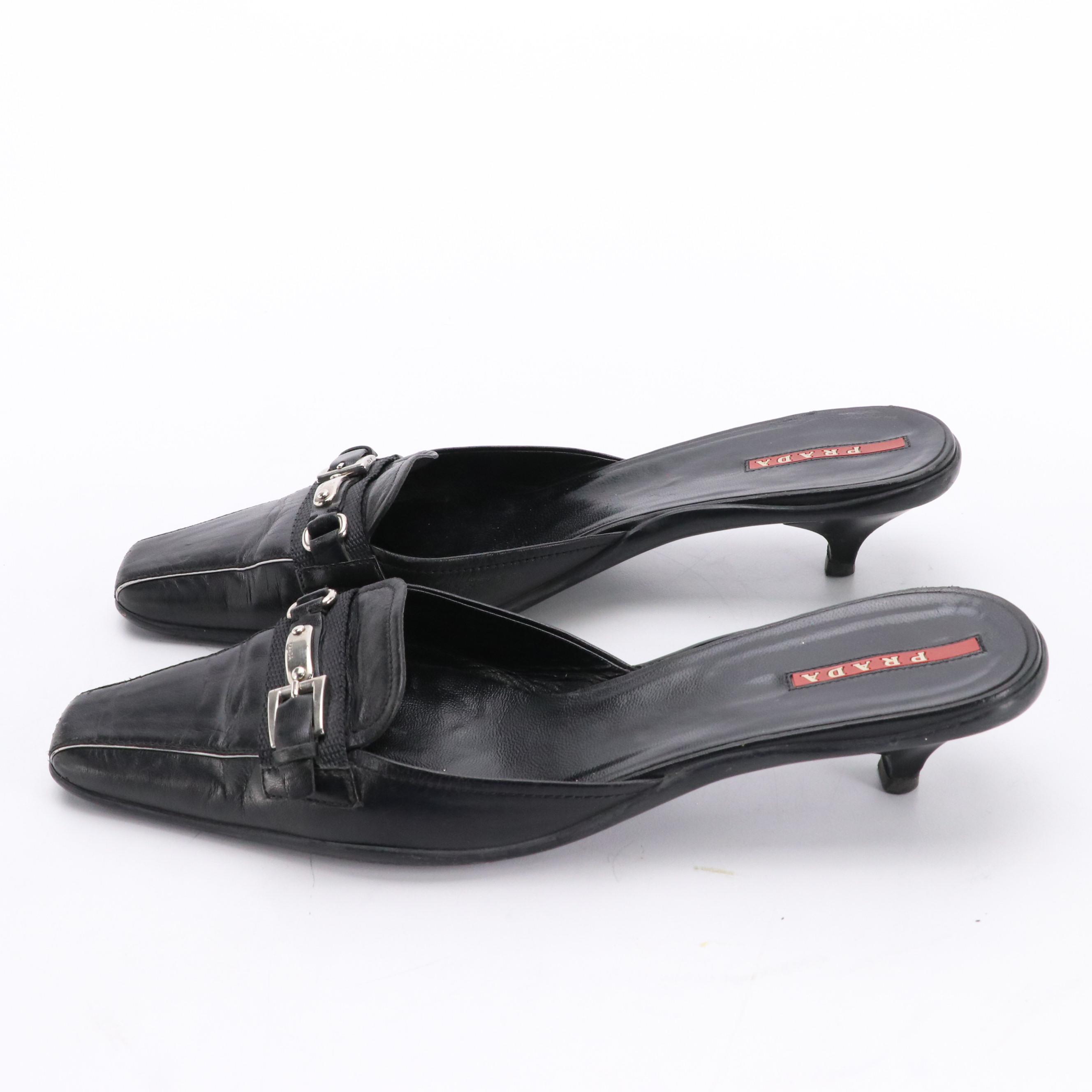 Prada Sport Black Leather Square-Toe Buckle Accent Kitten Heels, 1990s