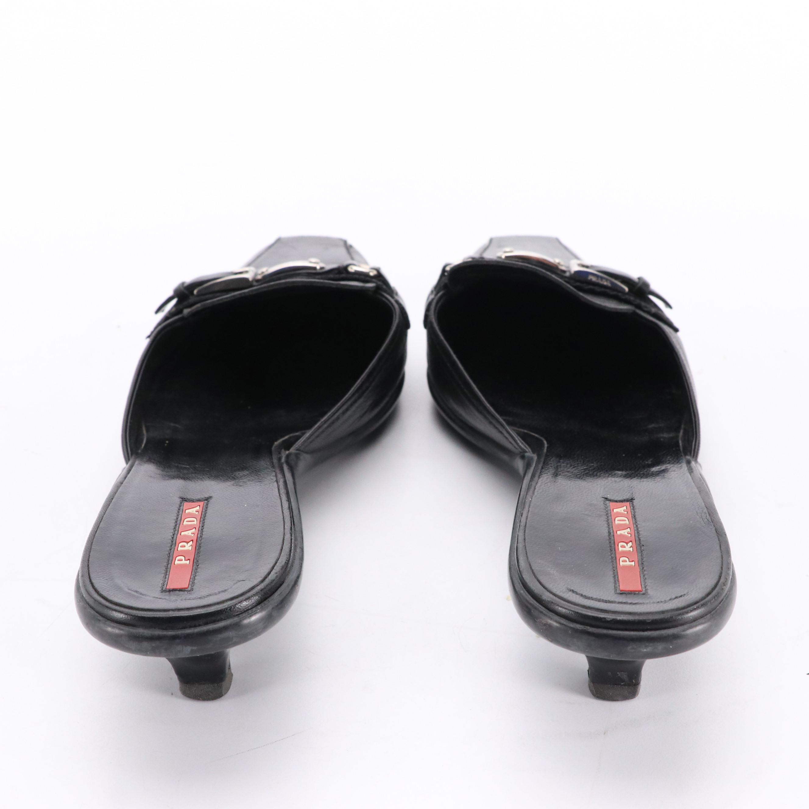 Prada Sport Black Leather Square-Toe Buckle Accent Kitten Heels, 1990s