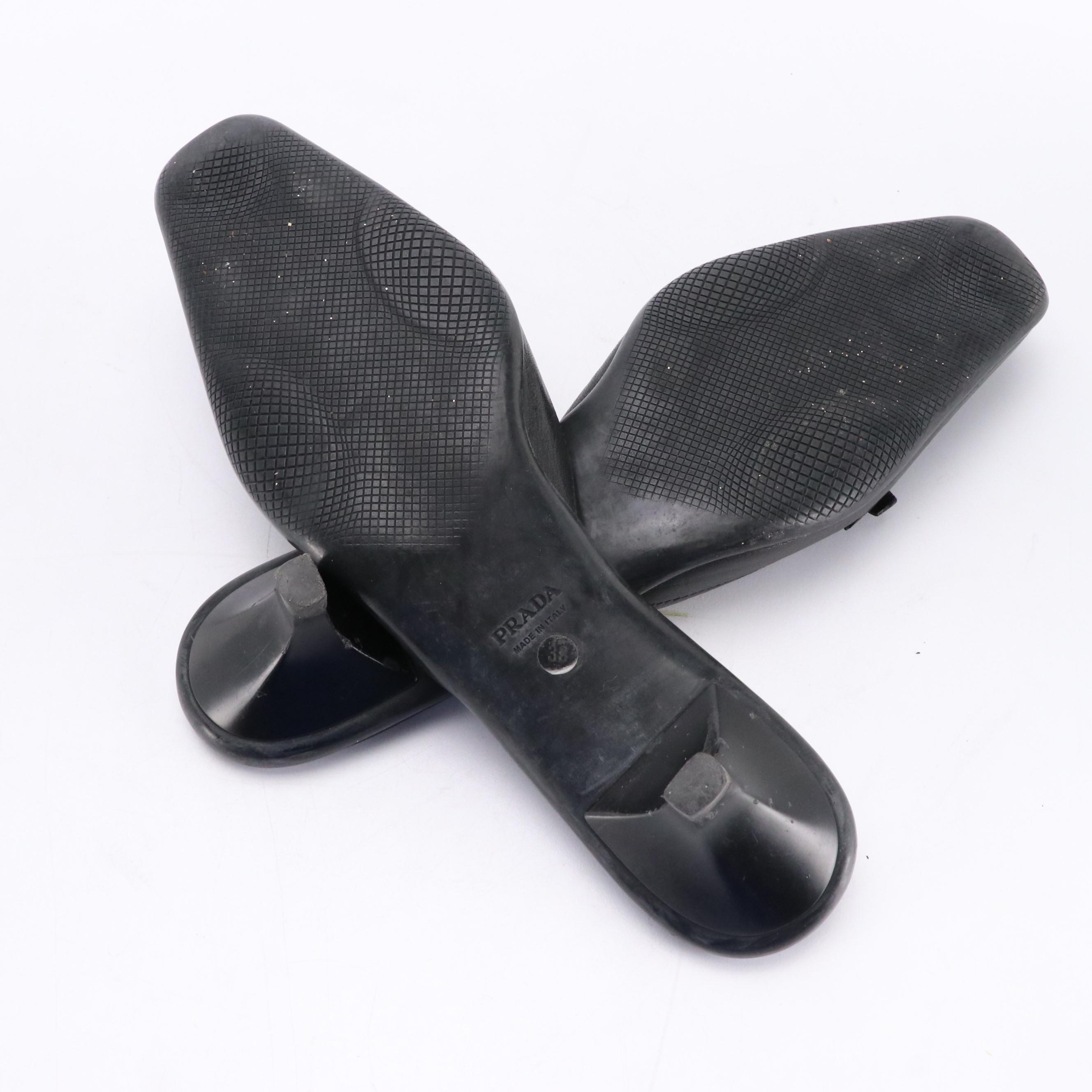 Prada Sport Black Leather Square-Toe Buckle Accent Kitten Heels, 1990s