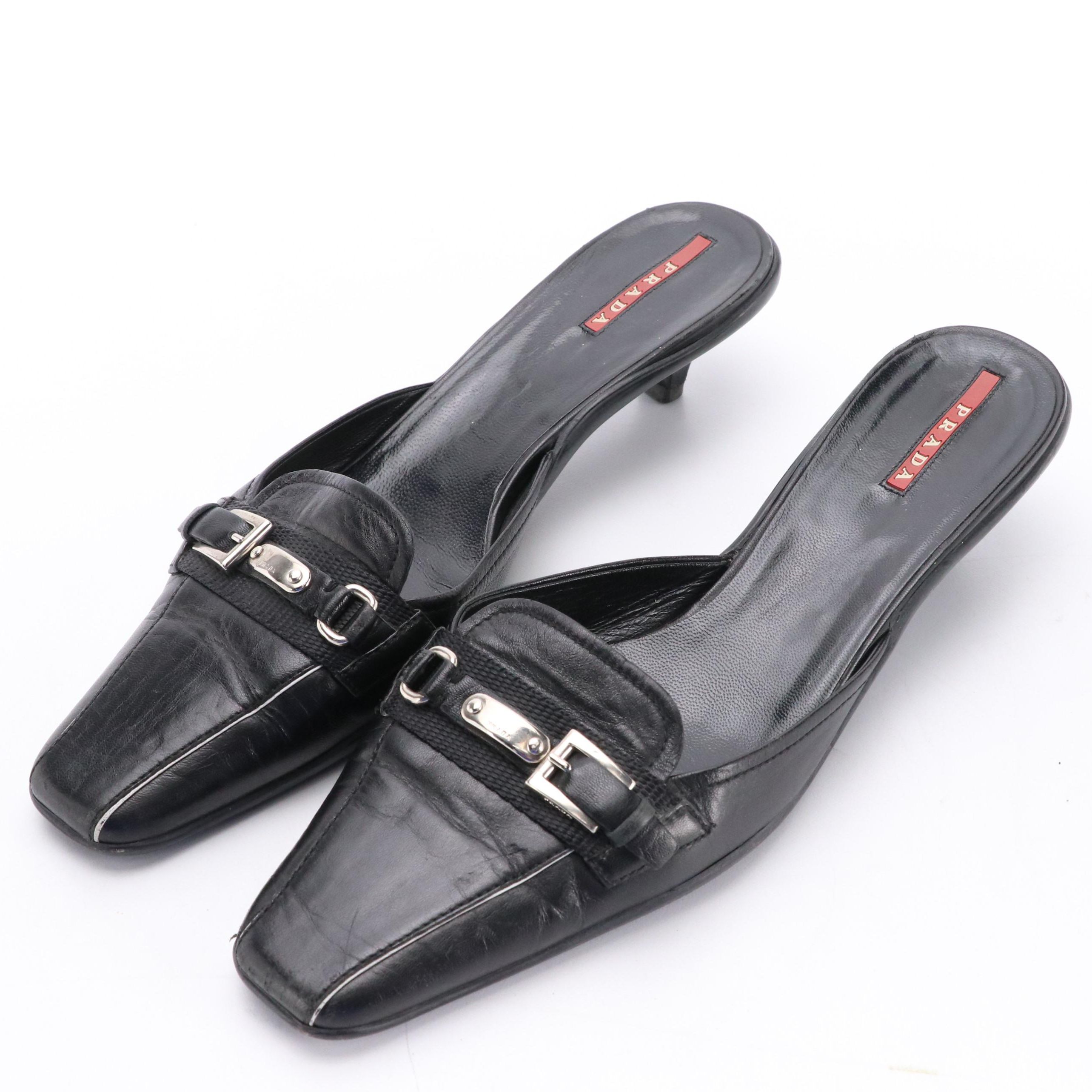 Prada Sport Black Leather Square-Toe Buckle Accent Kitten Heels, 1990s