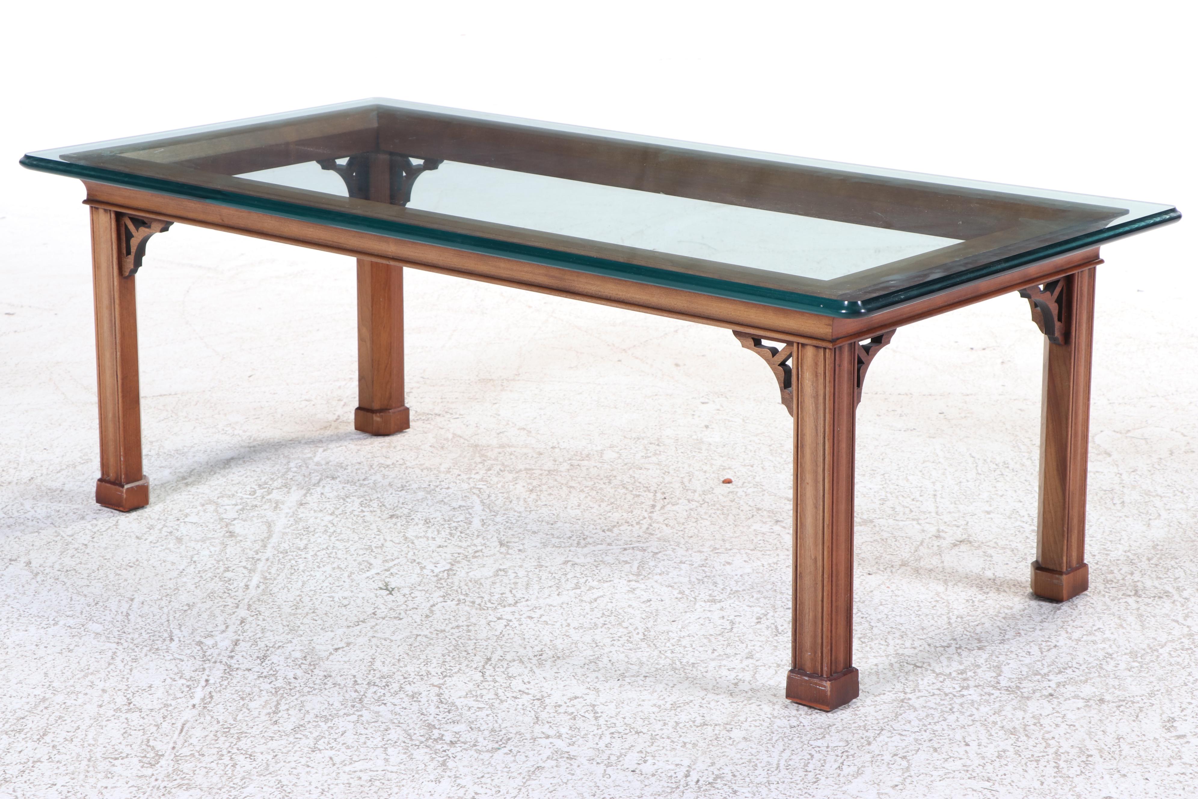 Stickley Chippendale Style Cherrywood and Glass Coffee Table, Dated 2001