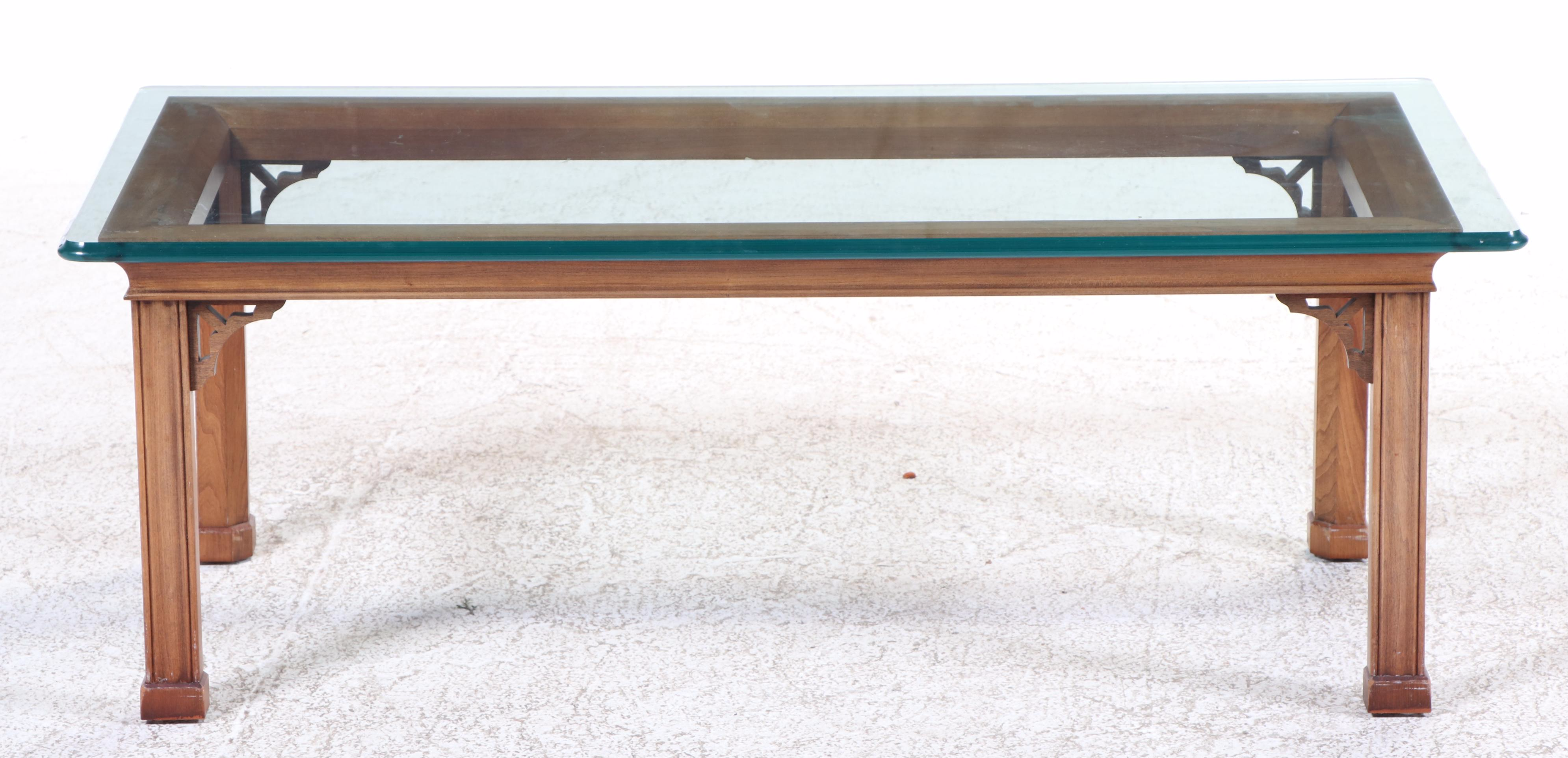 Stickley Chippendale Style Cherrywood and Glass Coffee Table, Dated 2001