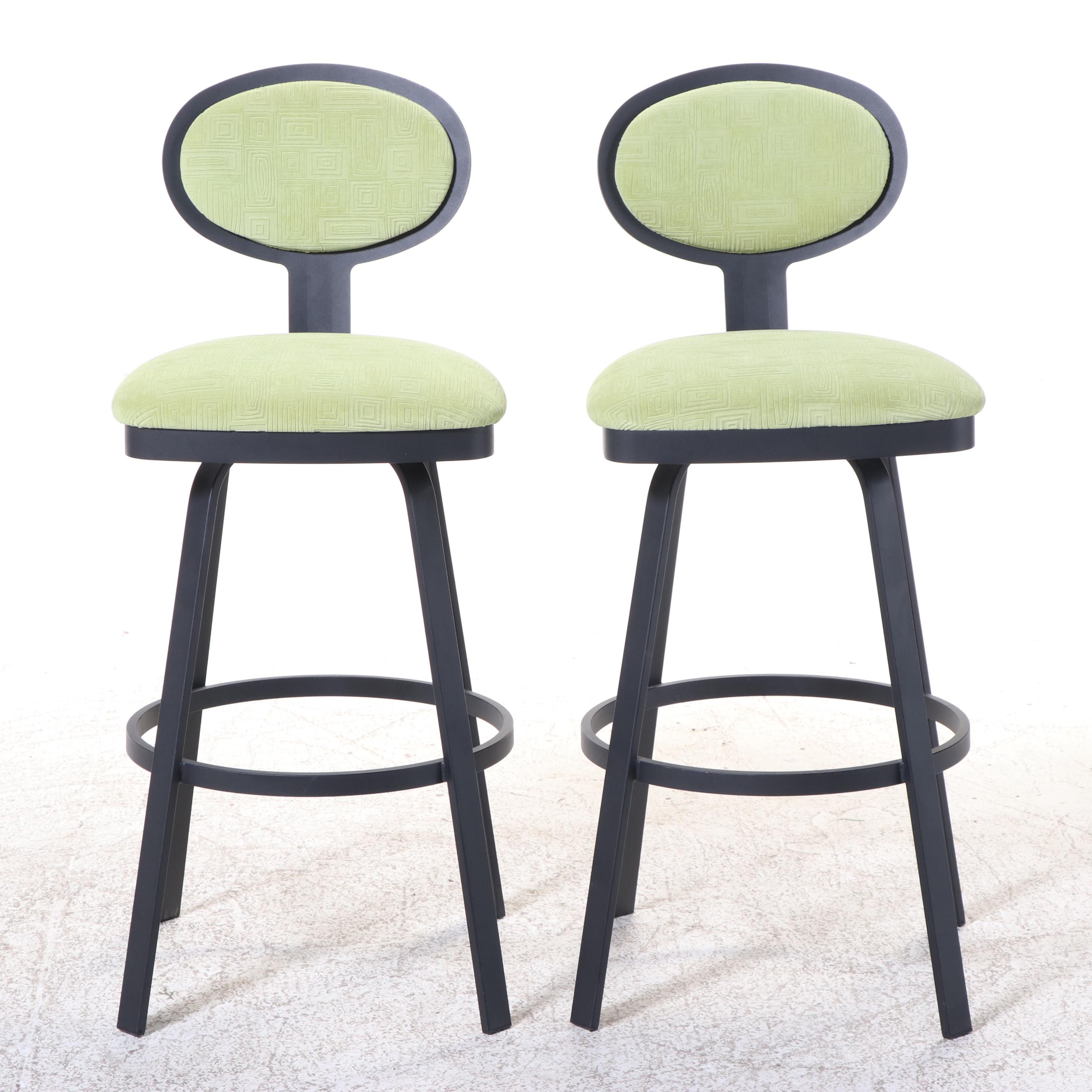Pair of Amisco Industries Powder-Coated Metal and Upholstered Swivel Bar Stools