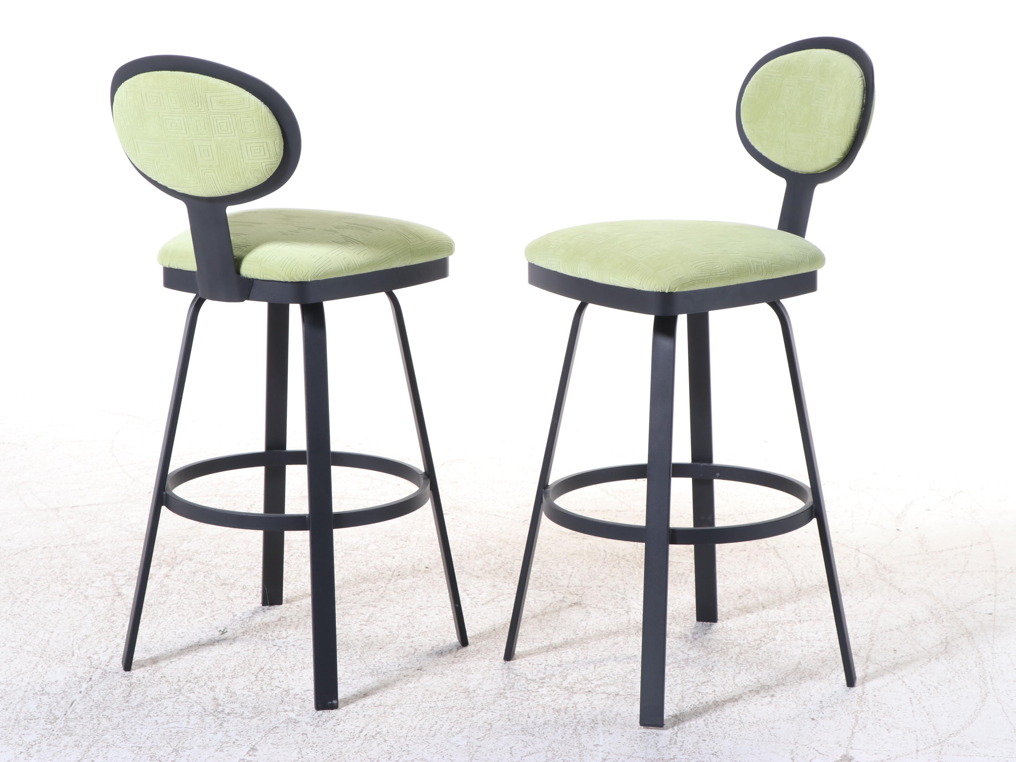 Pair of Amisco Industries Powder-Coated Metal and Upholstered Swivel Bar Stools